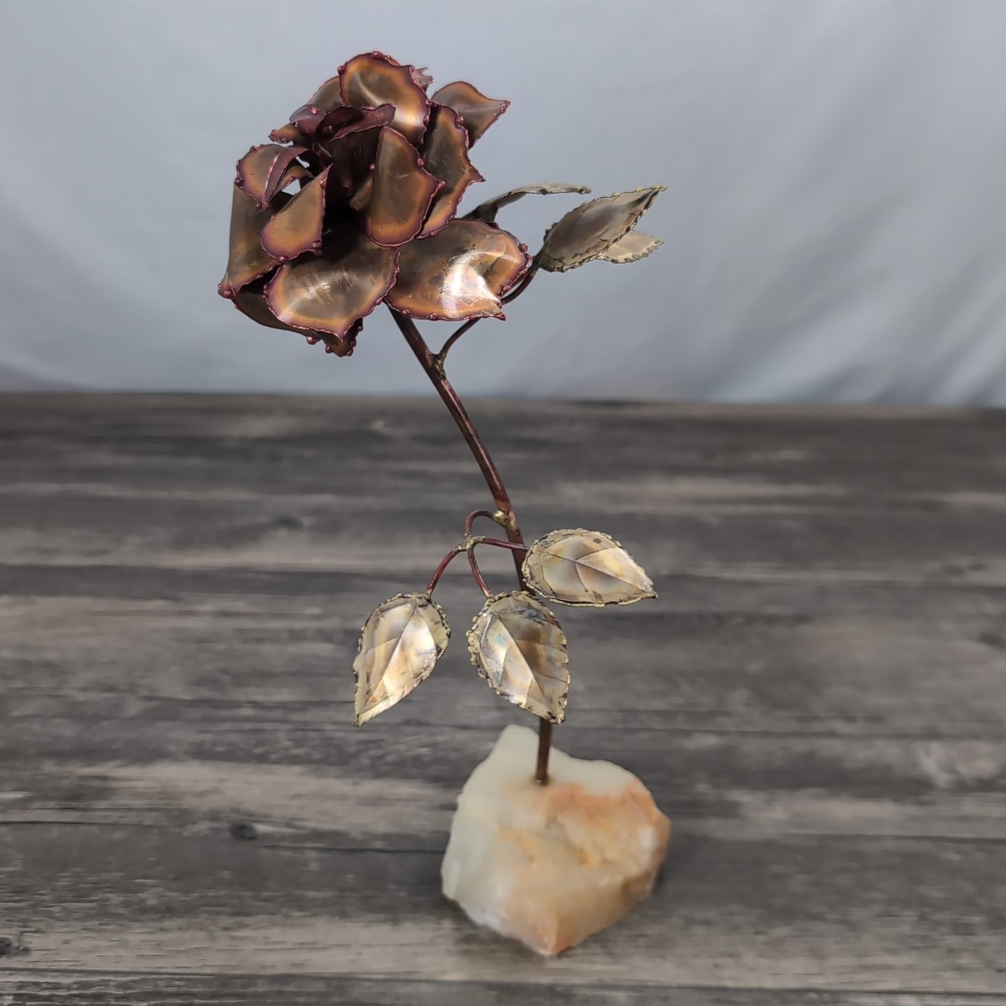Vintage Tole Wild Rose Sculpture Rock Base Signed 1986 11.5in OOAK Decor