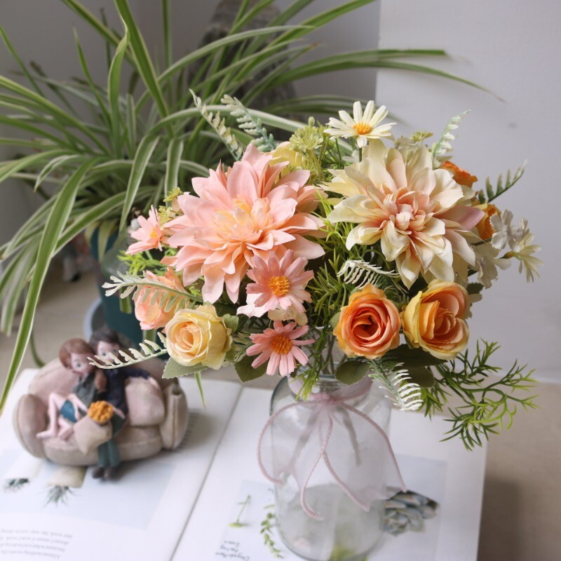 Dahlia Rose Chrysanthemum Simulation Bouquet Silk Flower Bride Wedding Props DIY