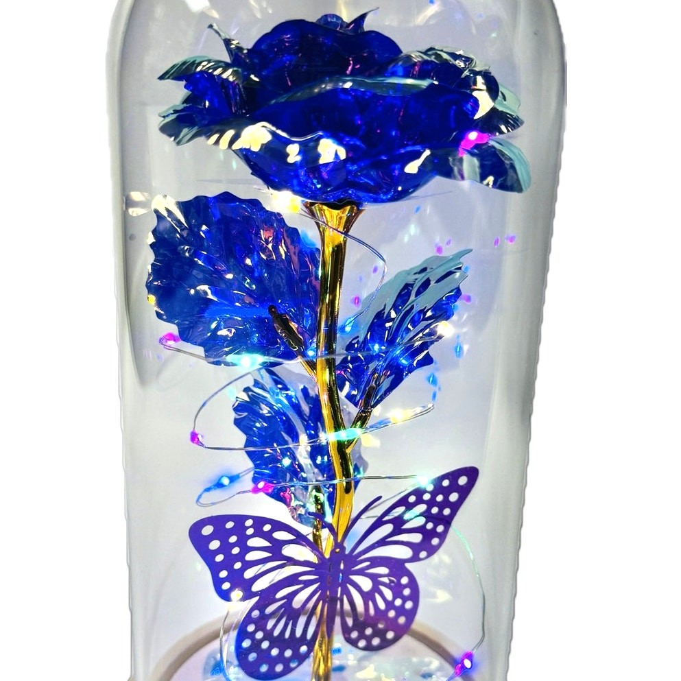 Qunpon LED Blue Rose Gold Foil Glass Dome Light Up Flower Just For You Gift NEW