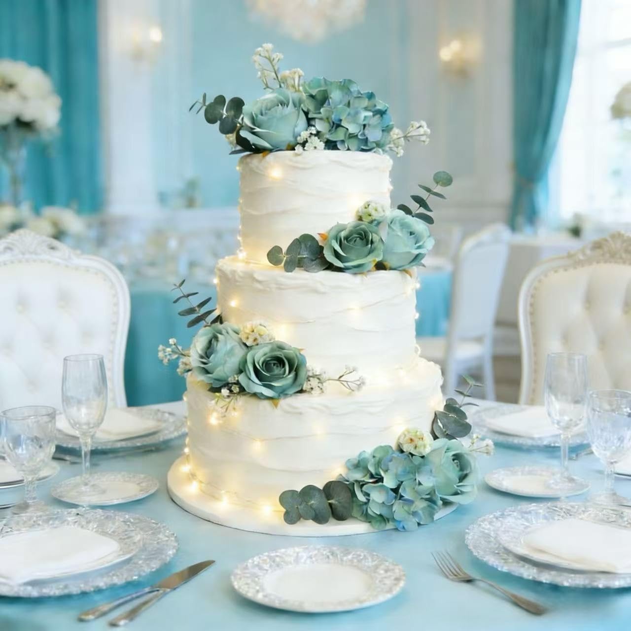 Turquoise Teal Blue Artificial Silk Rose Babys Breath Mixed Flowers Teal Rose