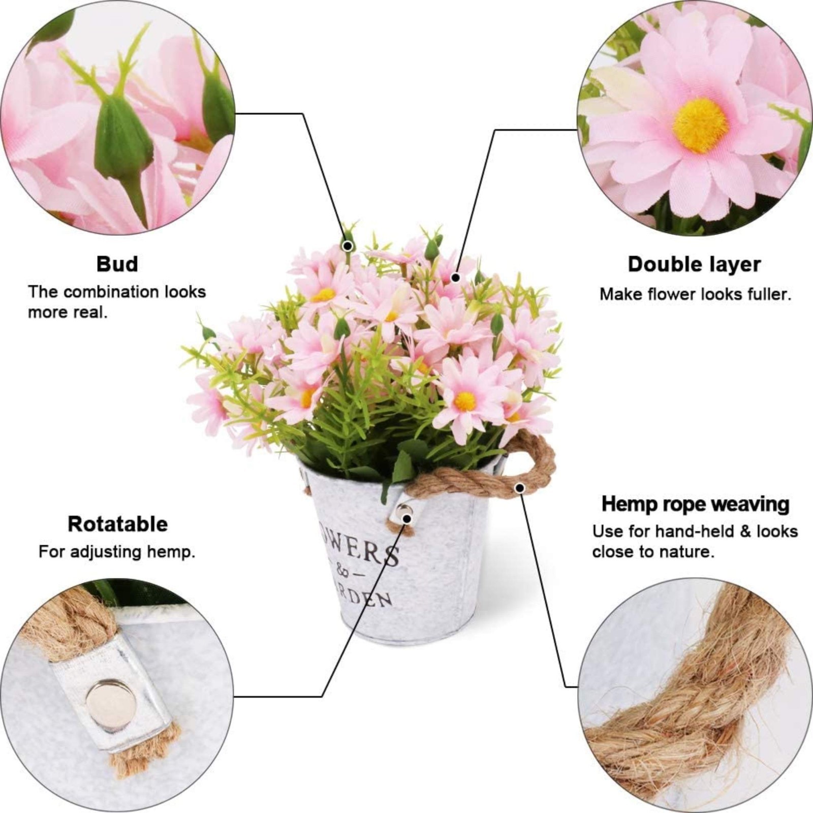 Artificial Daisy Flowers in Metal Pot Fake Pink Daisies Potted Plant Home Decor
