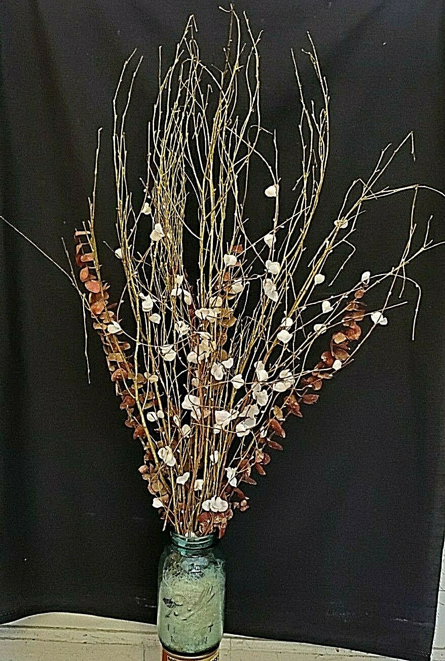 White & Pink Blossoms, Red Eucalyptus & Gold Painted Branches in a Mason Jar