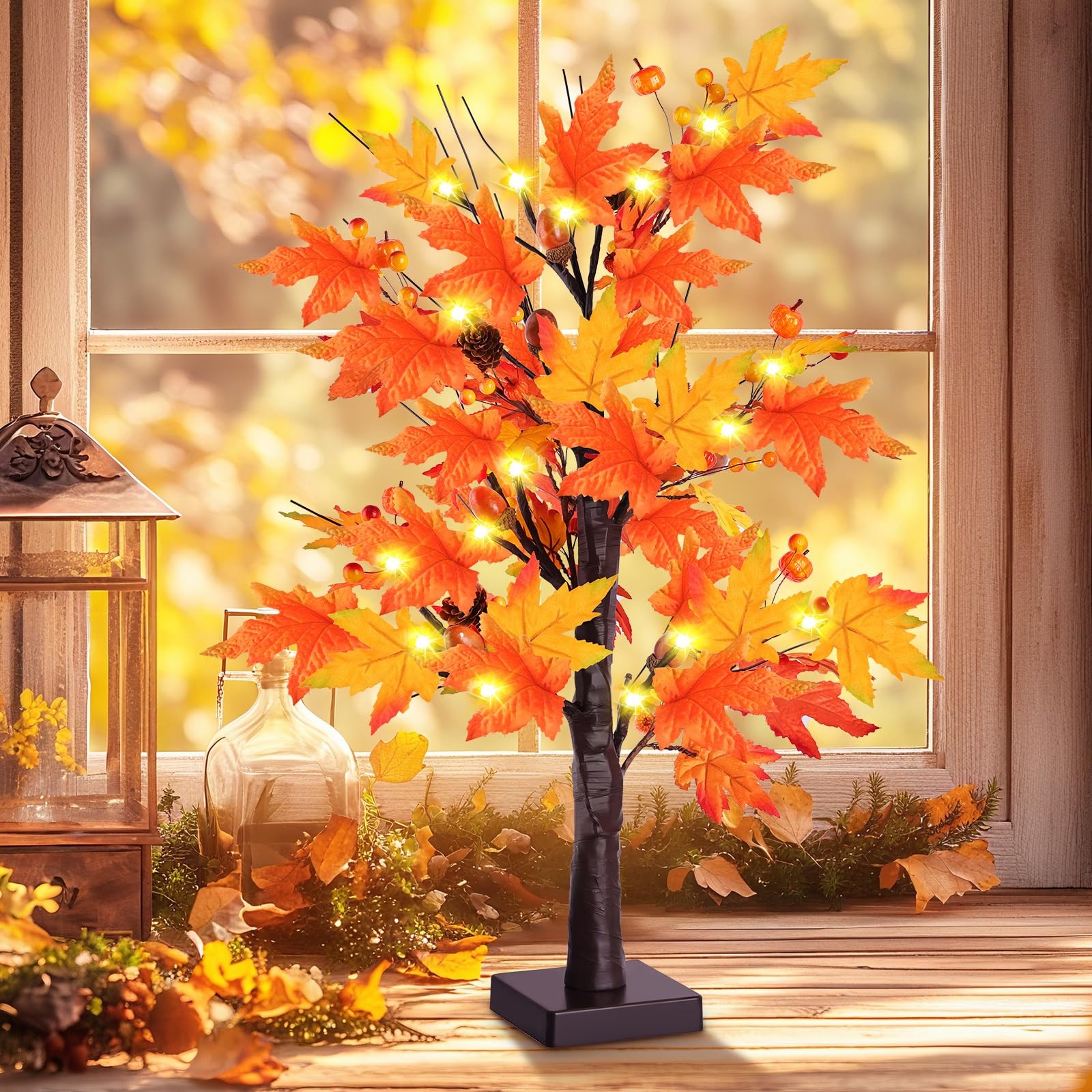 2 Pack 24 Inch Prelit Lighted Maple Tree, Artificial Fall Tree with 24 LEDs T…