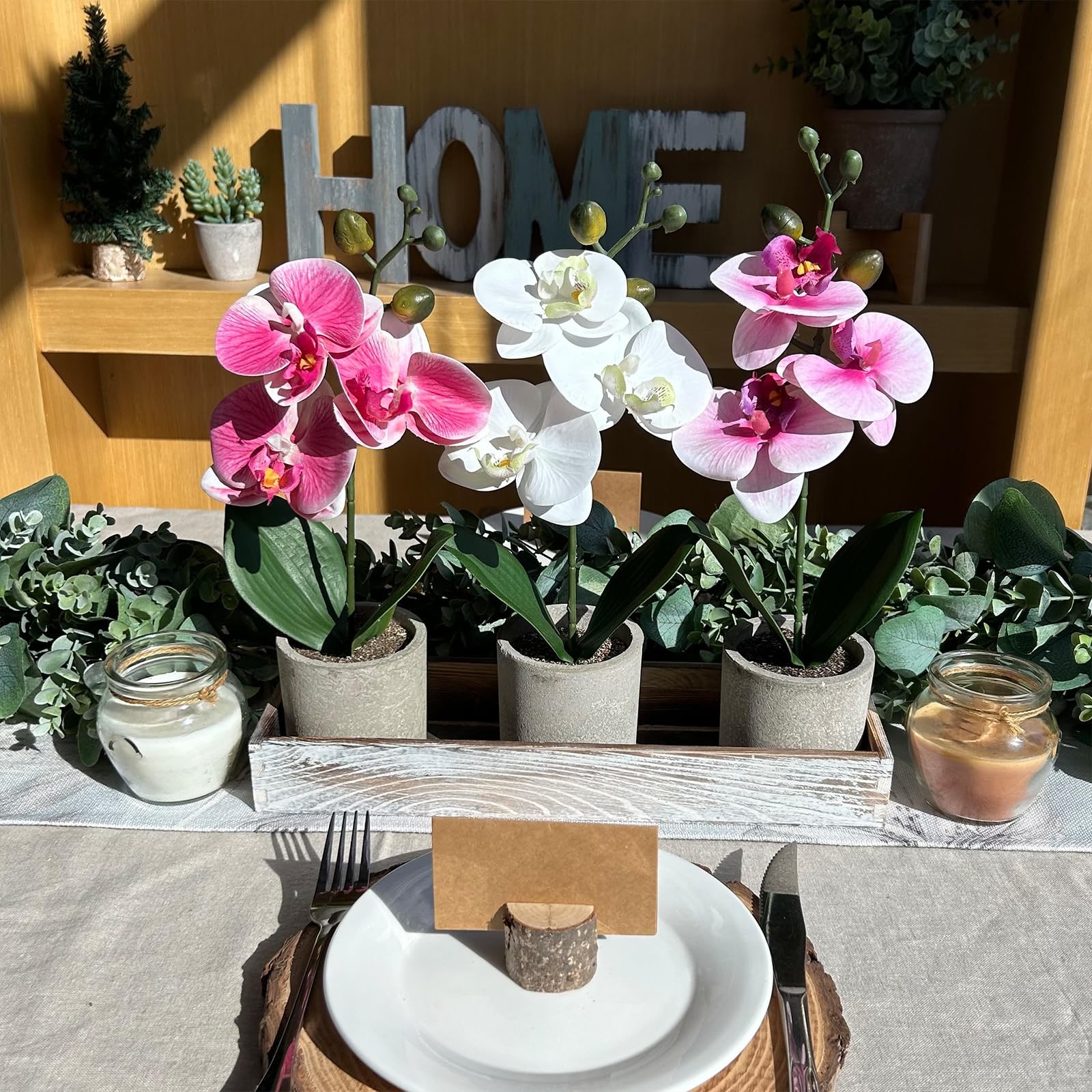 Set of 3 Small Artificial Orchid Potted Plants Arrangement with Rustic Wood P…
