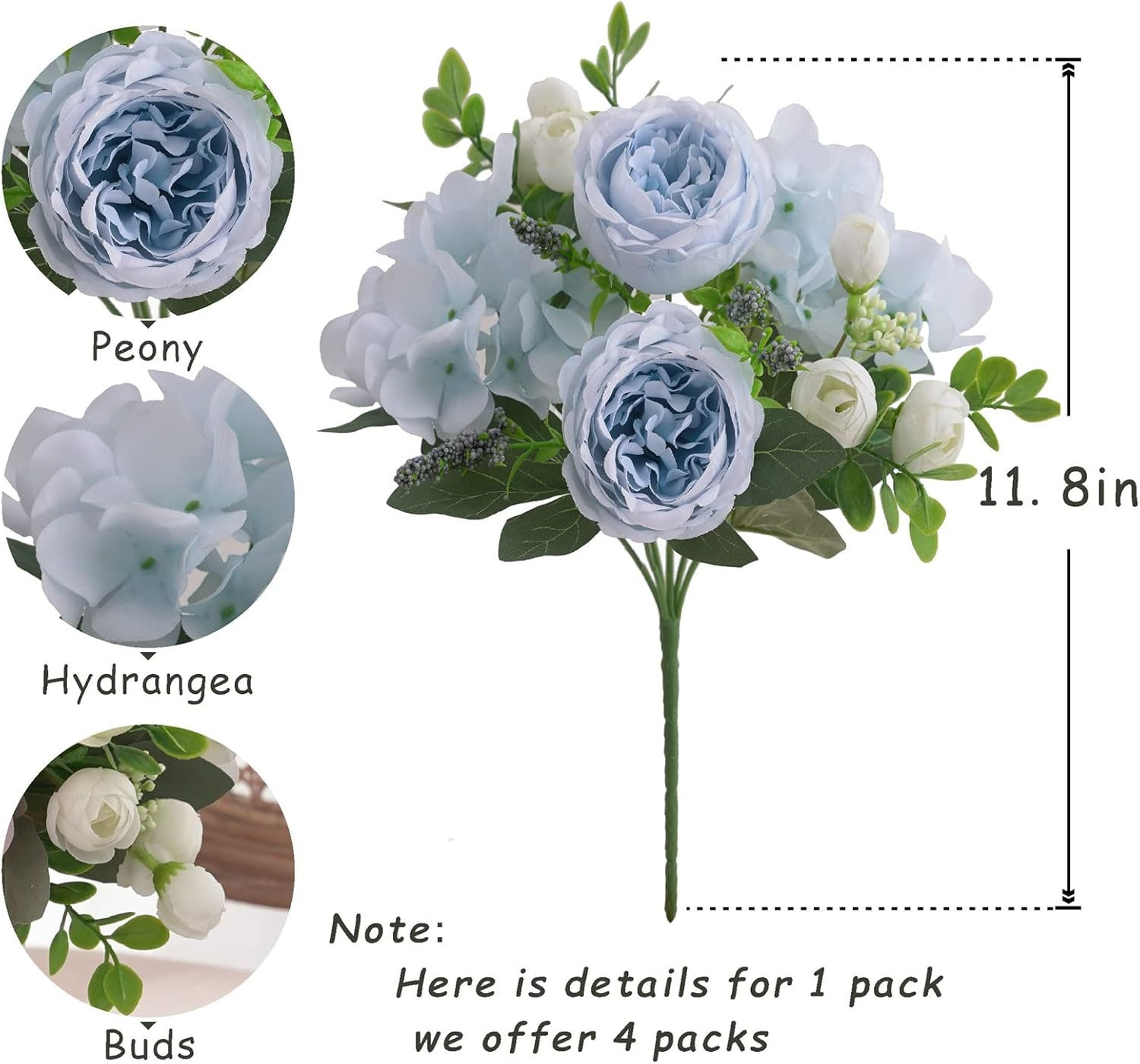 4 Bunches Artificial Flowers for Decoration Blue Peonies Fake Roses Arrangements