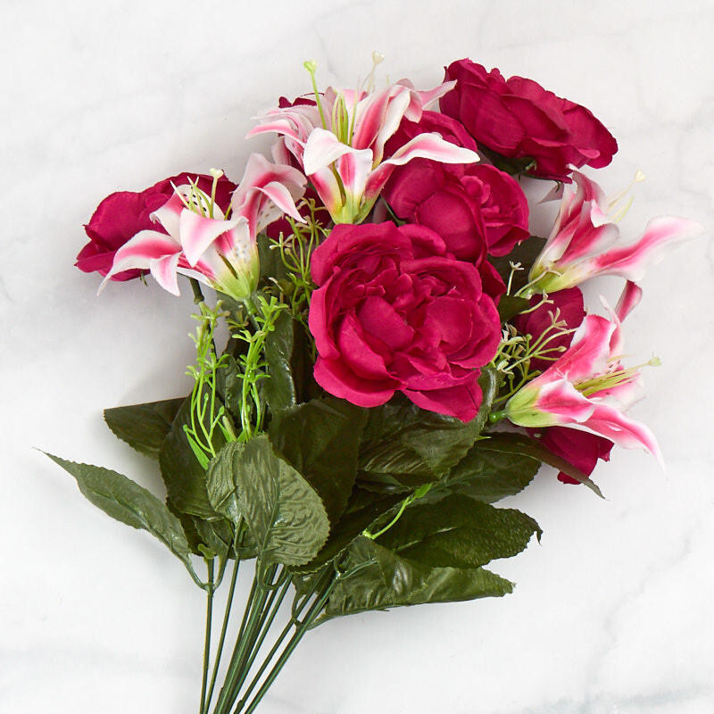Factory Direct Craft Colorful Fuchsia Poly Silk Rose and Lily Mixed Floral