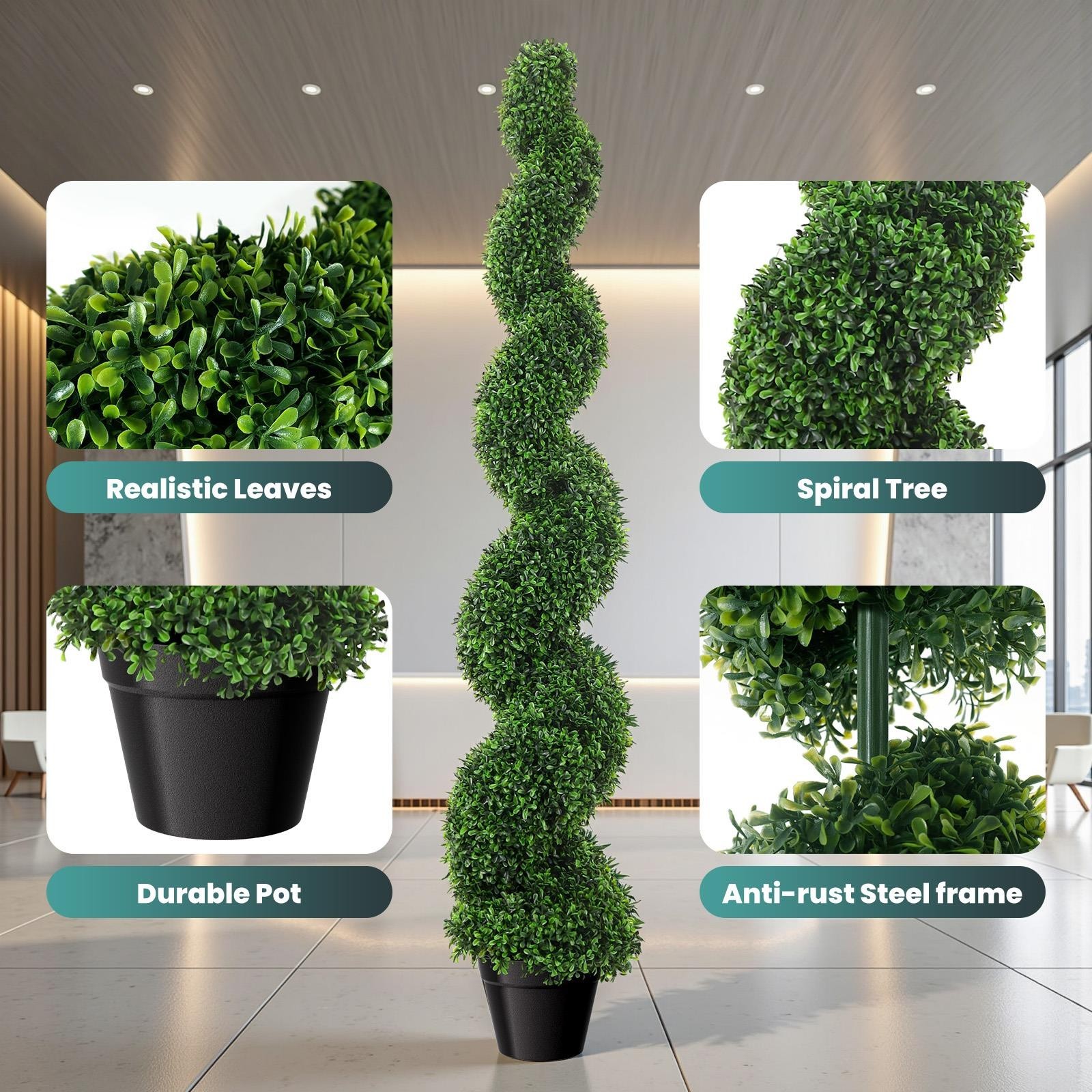 2-Pack Artificial Boxwood Spiral Trees 5 FT UV-Resistant Fake Plants w/ Pot