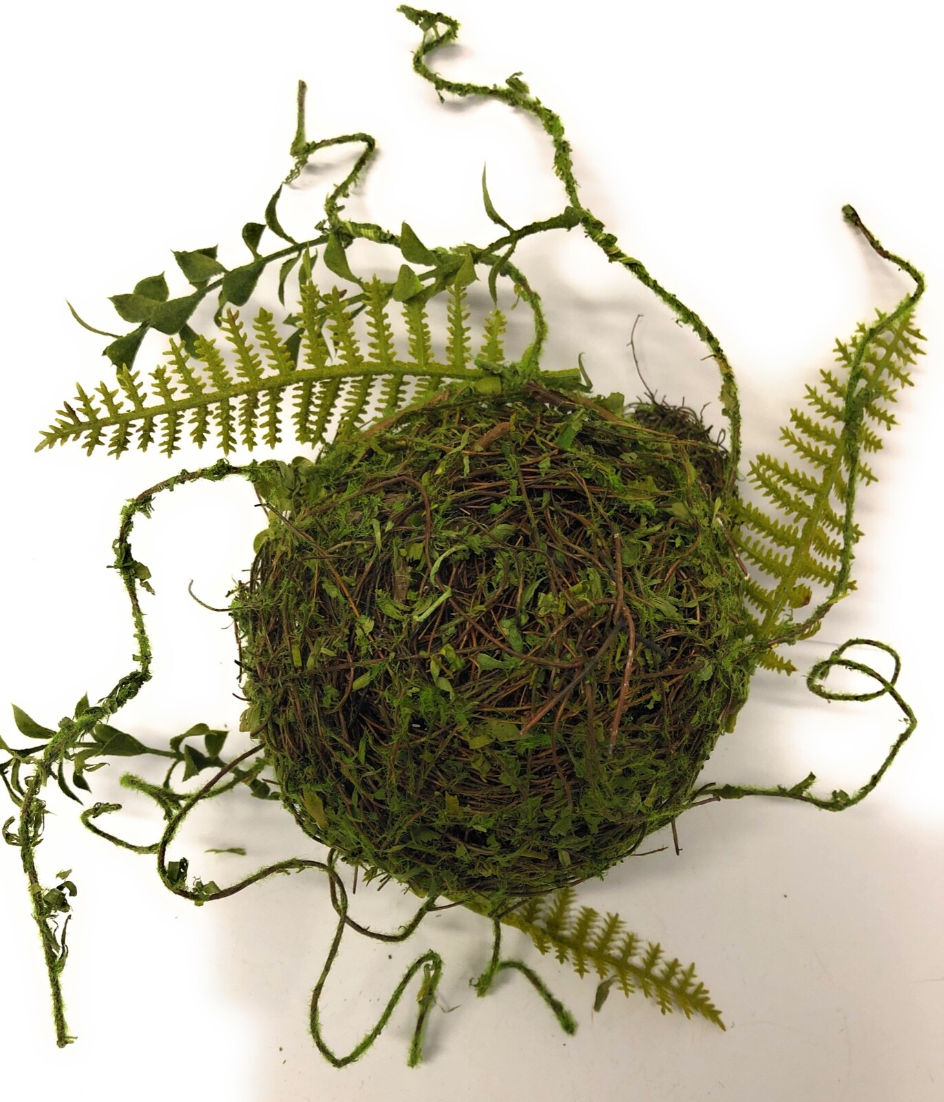 Artificial Moss Covered Twig Double Bird Nest with Fern and Vine Accents.eggs