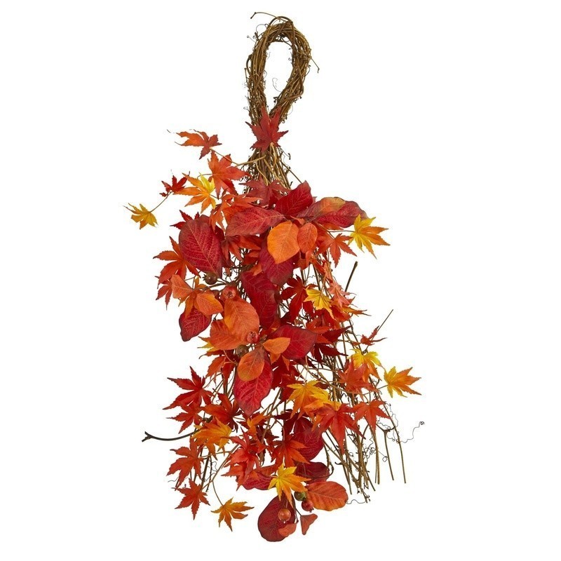 Mixed Japanese Maple Teardrop Artificial Fall Wreath Indoor Decor Berries New