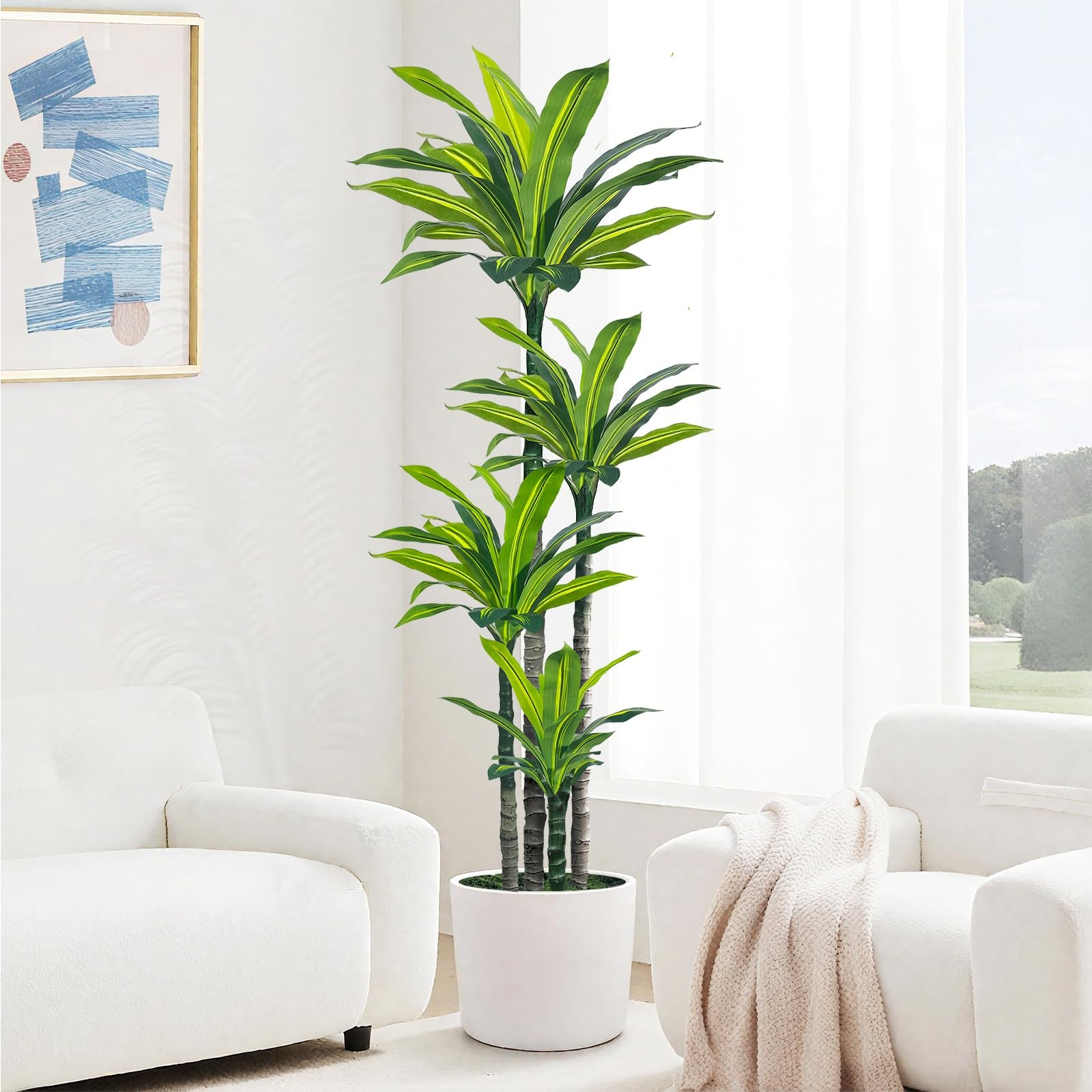 Artificial Dracaena Tree 6ft, Tall Fake Dracaena Plants with White Planter, F…