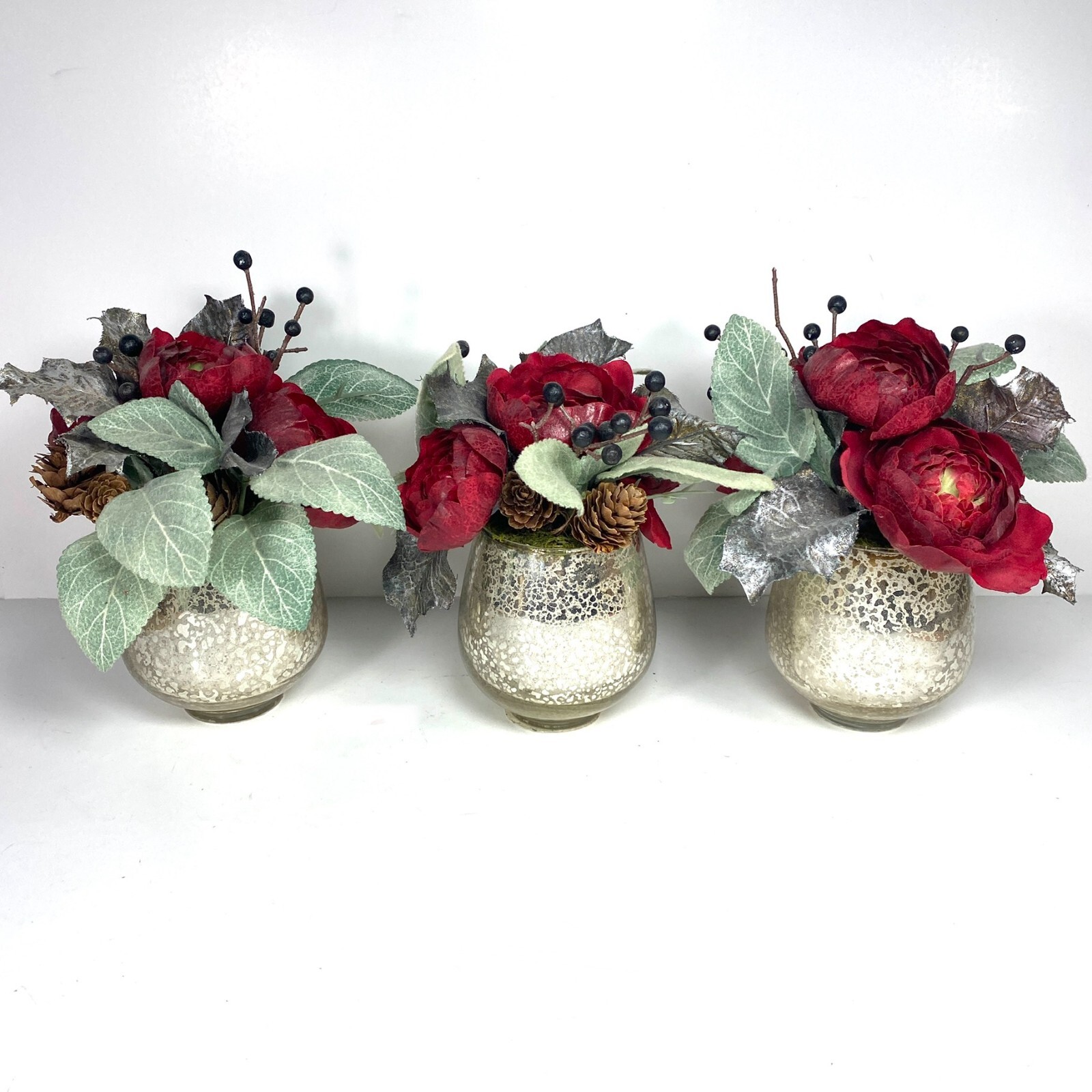 Threshold Silver Mercury Crackle Glass Red Ranunculus Vase Arrangement -Set of 3