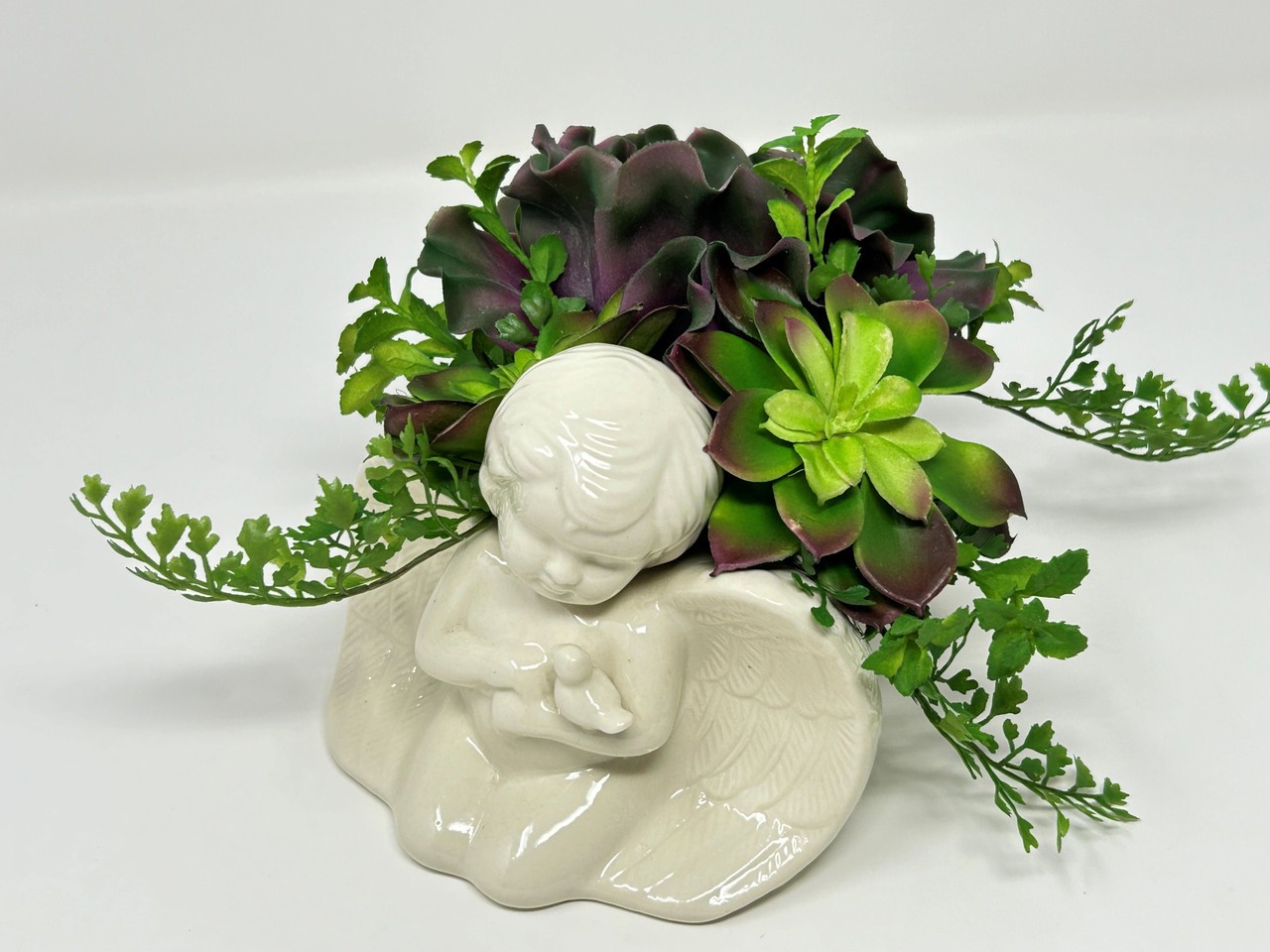 VINTAGE Ceramic CHERUB Angel planter with Artificial Echeveria Succulents & Fern