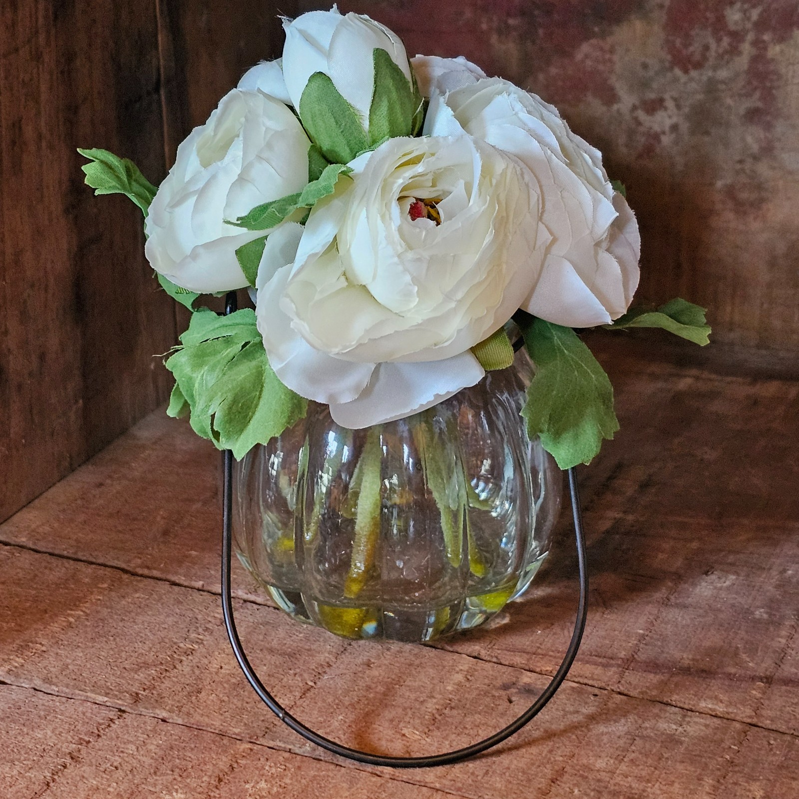 White Ranunculus in a Vase with fake water, Spring Tabletop Decor, Artificial