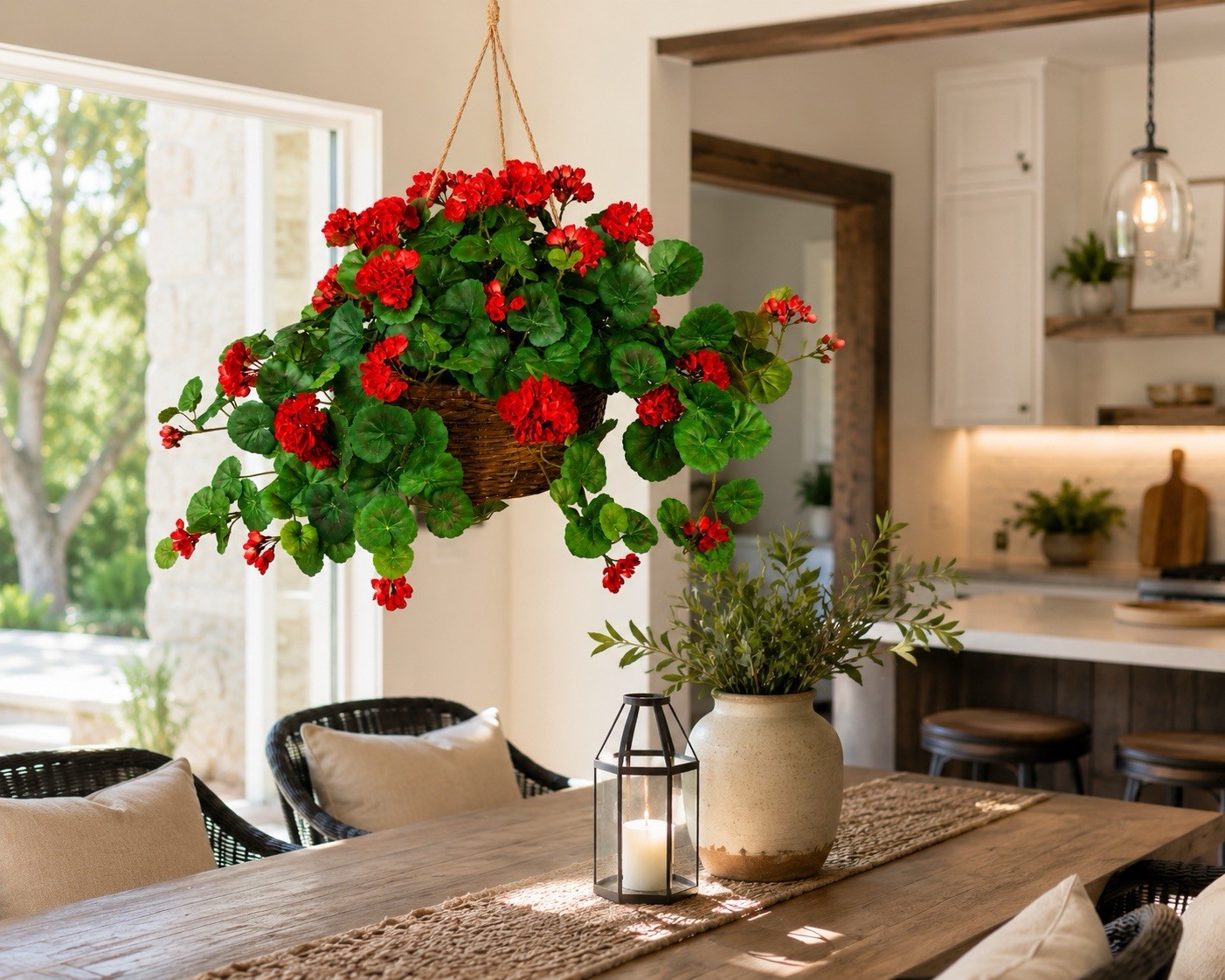 24″ Artificial Flowering Geranium Plant in Hanging Basket Home Decor