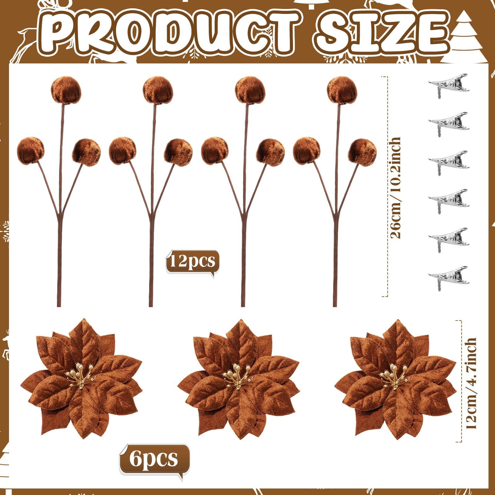 18 Pcs Velvet Christmas Tree Ornament Set Artificial Christmas Poinsettia Flo…