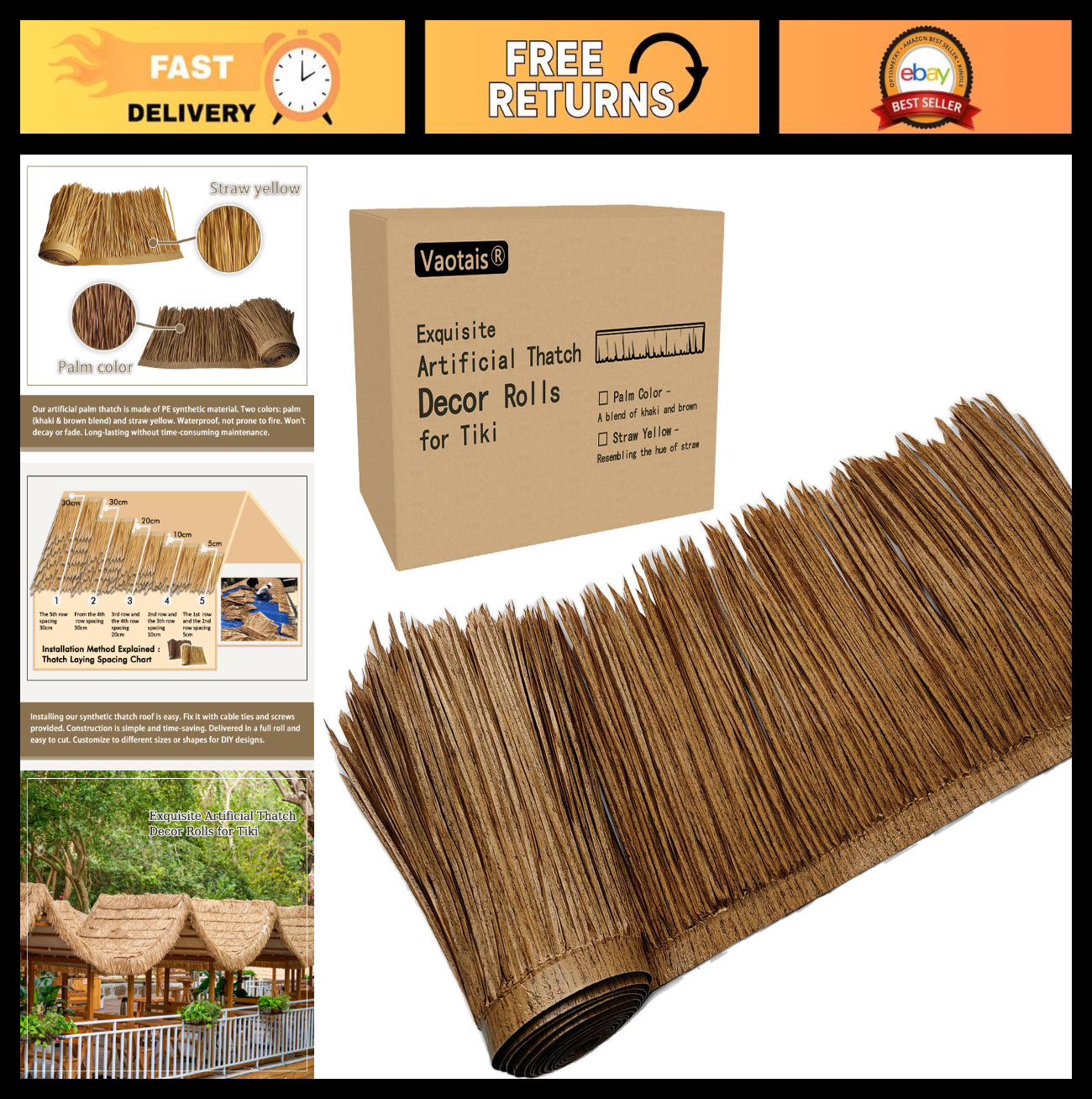 Artificial Palm Thatch Roof Rolls – Waterproof, Easy Install, 5 Lengths, 2 Color