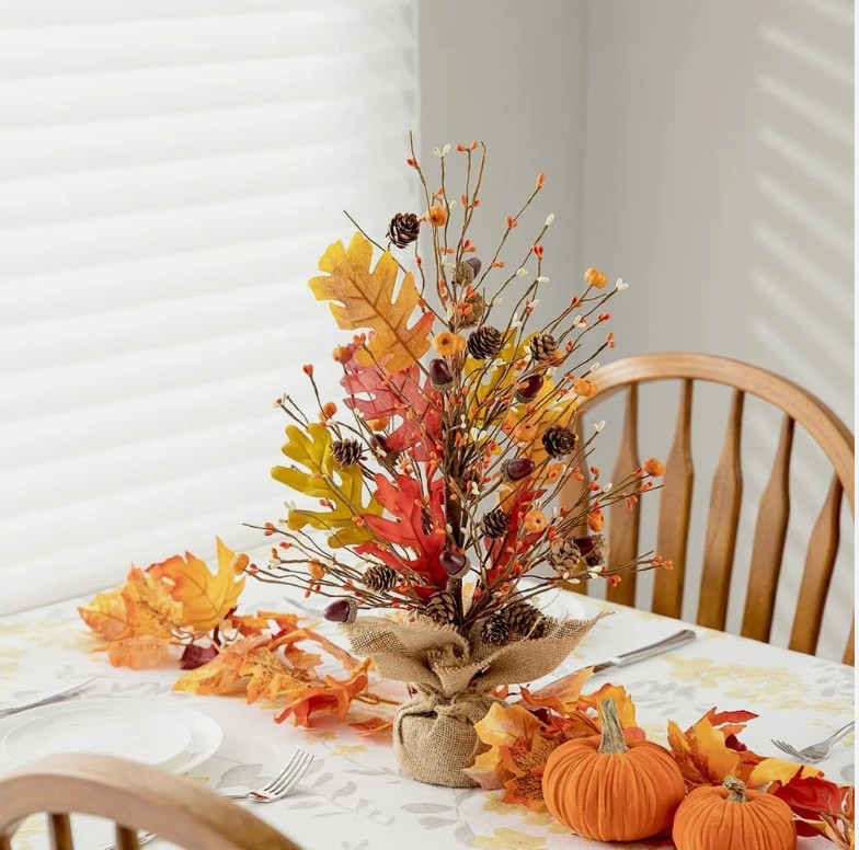 20″ H Fall Harvest Pumpkins Table Tree with Burlap Base Decorative Berries