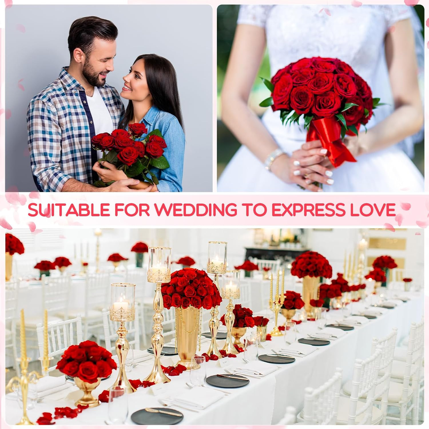 500 Pcs Red Silk Roses with Long Stem for Wedding, Home, Party Decor