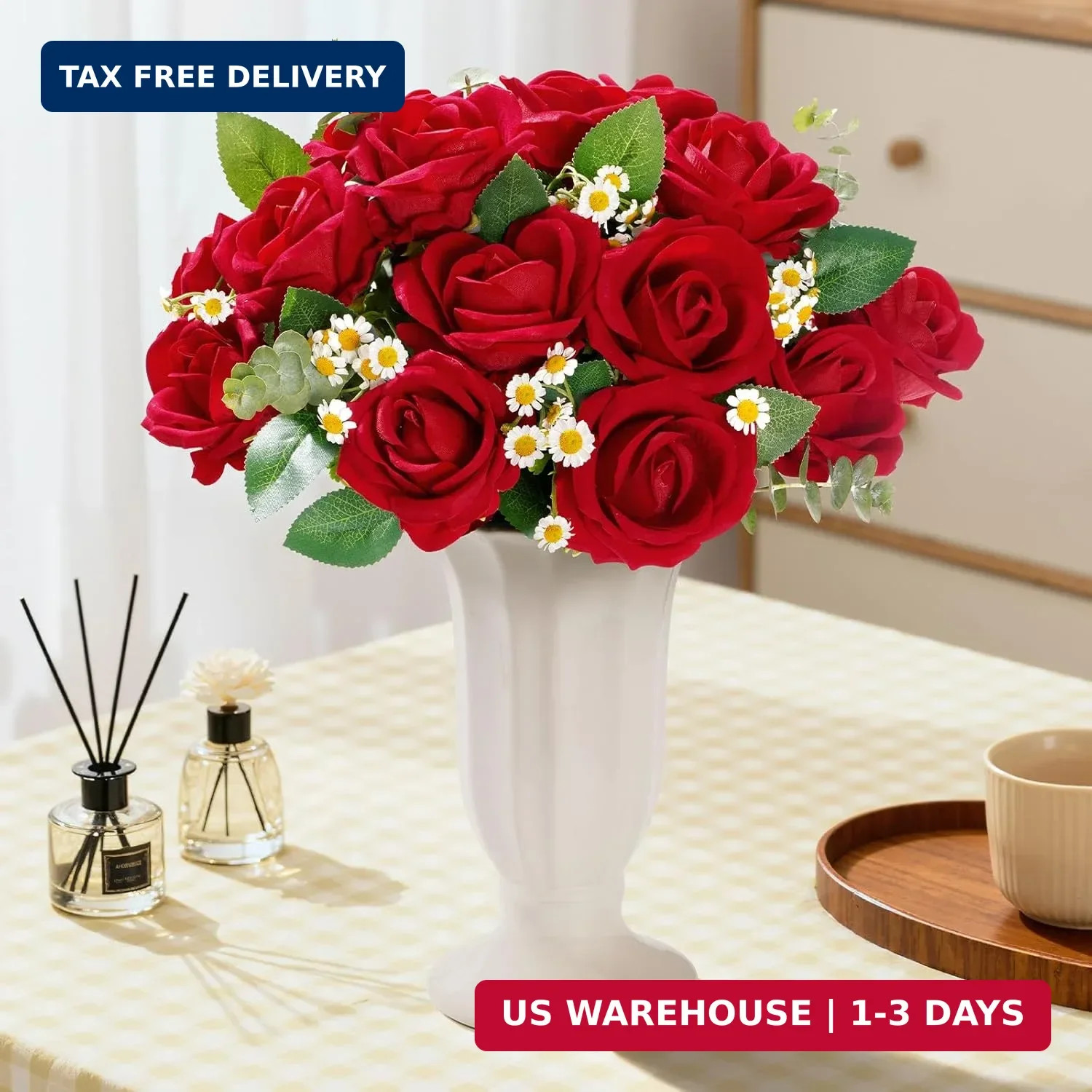 Lifewit 12 Pcs Red Artificial Roses Flowers in Bulk, Fake Long Stem Silk Roses f