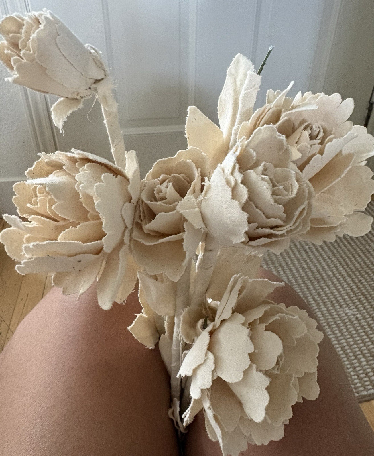 Vtg Wedding Ivory Cotton Fabric Rose Stems Wired Handmade L Floral Decor Lot 5