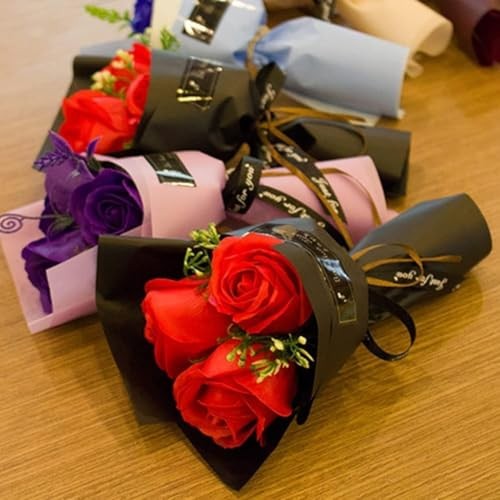 3 Heads Red Artificial Rose Bouquet Soap Flower Petals Valentine Day Gifts for