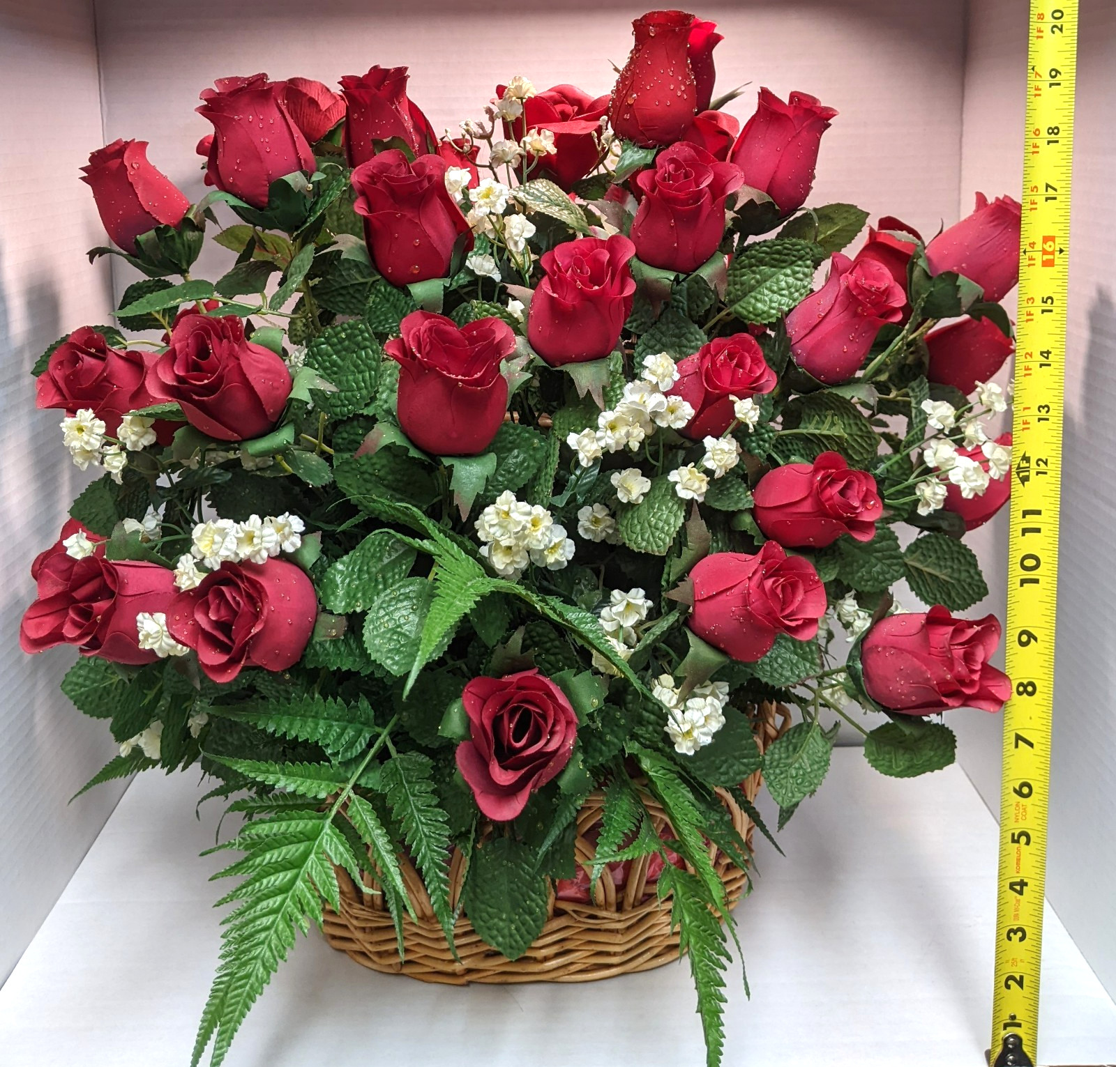 Genuine Silk Roses Large Artificial Floral Basket Arrangement Fake Flowers Red