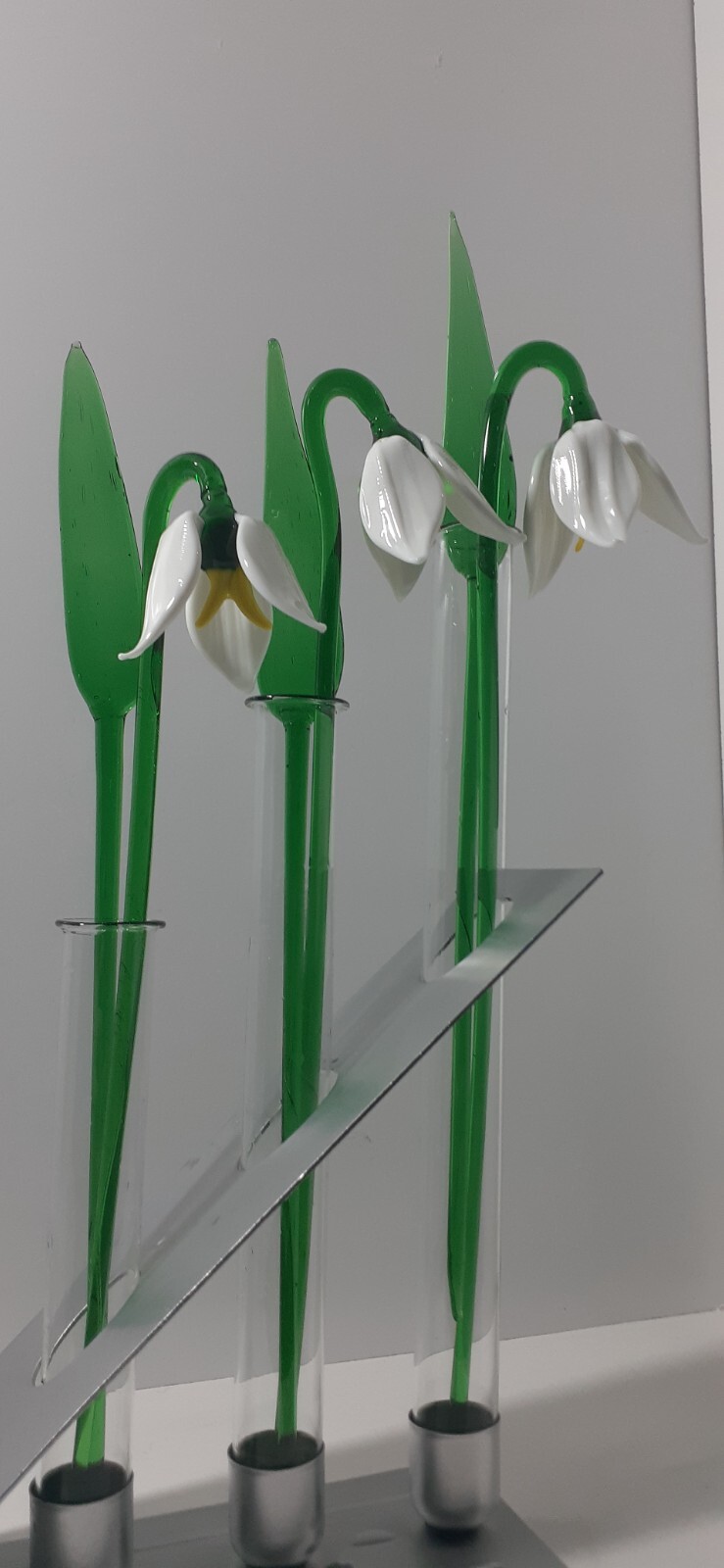 Art Glass Snowdrops Flowers Sculptures with Green Leaves & Tube Vase Home Decor