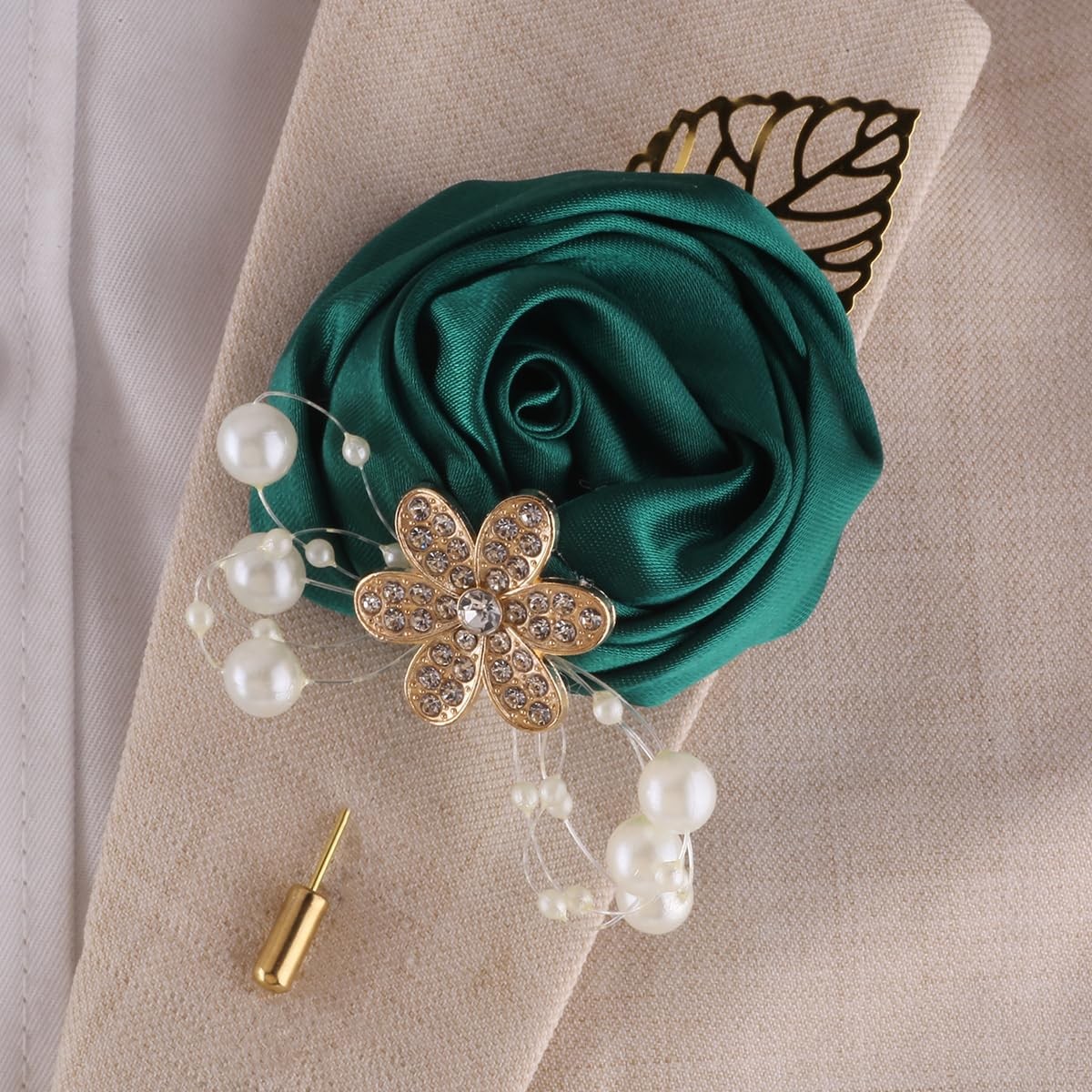 5pcs Emerald Green Boutonniere, Gold Leaf, Faux Silk Rose, Corsage, Wedding