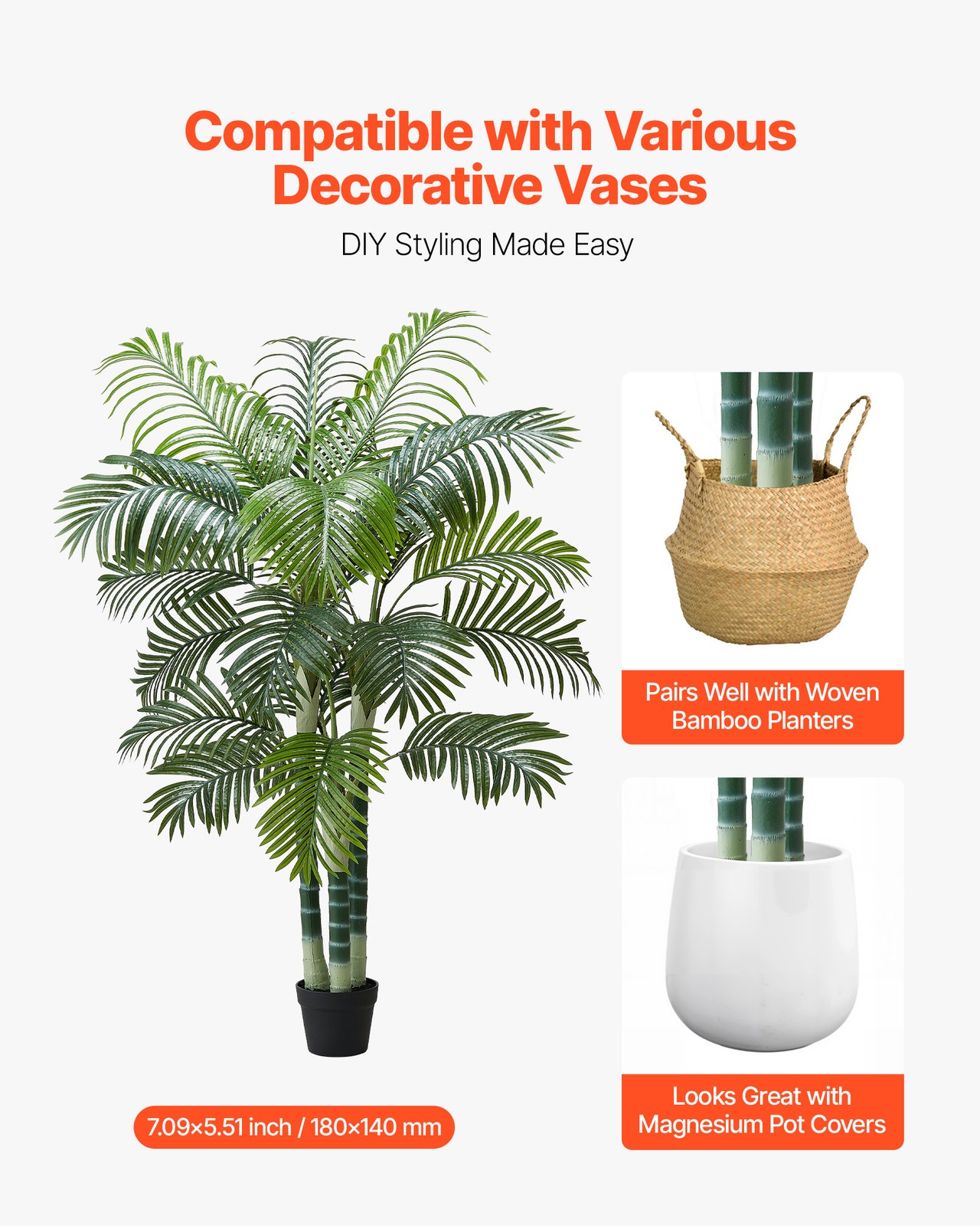 VEVOR 6ft Artificial Areca Palm Tree Fake Plant with White Planter Indoor