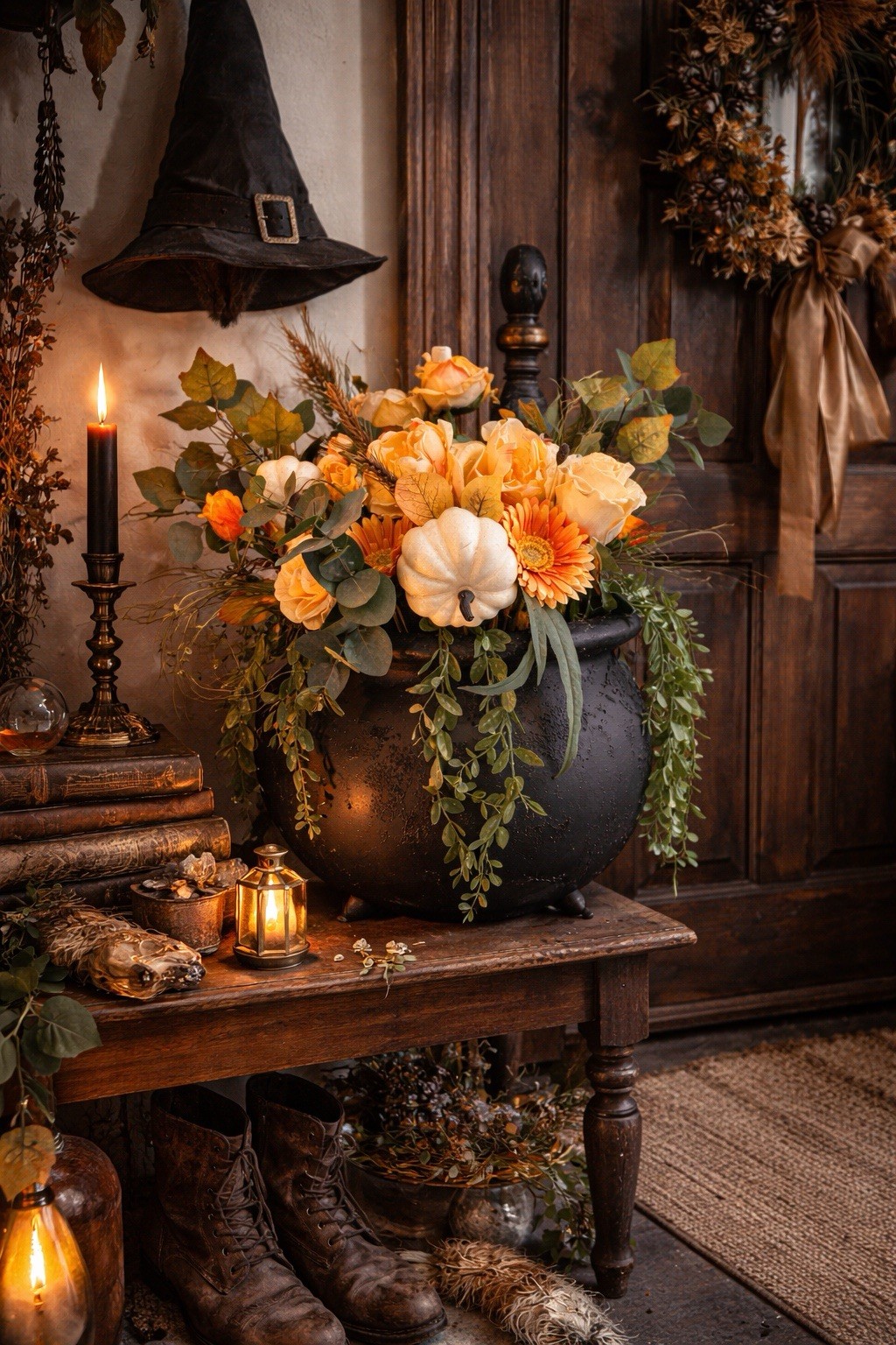 Large Decorative Footed Cauldron With Cottage-chic Autumn Floral Arrangement