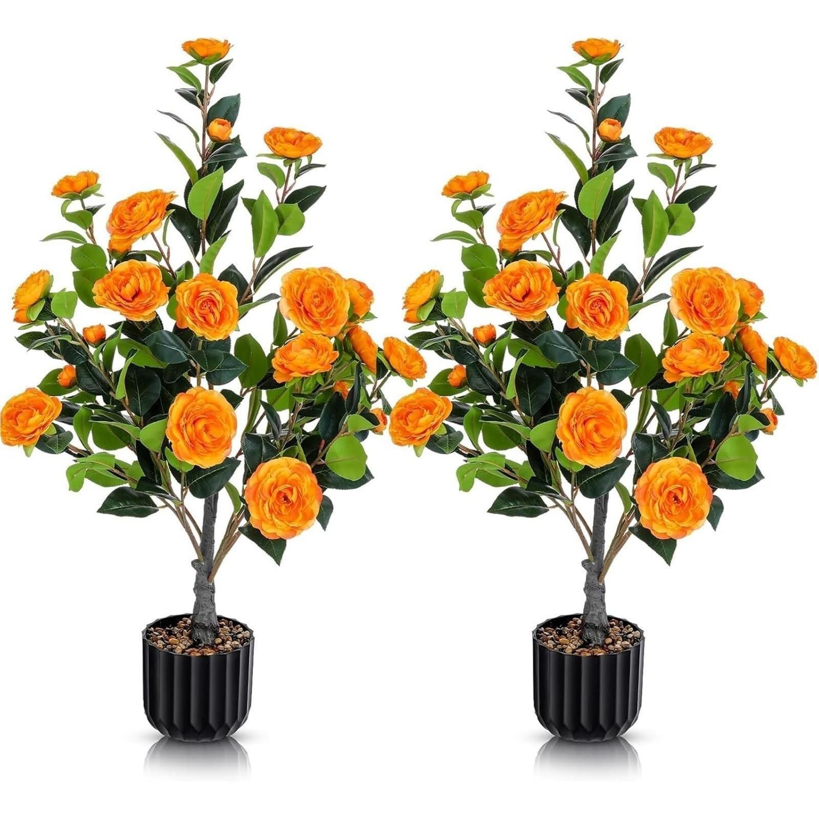 Set of 2 Faux Trees 36” with Orange Floral Accents – , No-Maintenance Indoor
