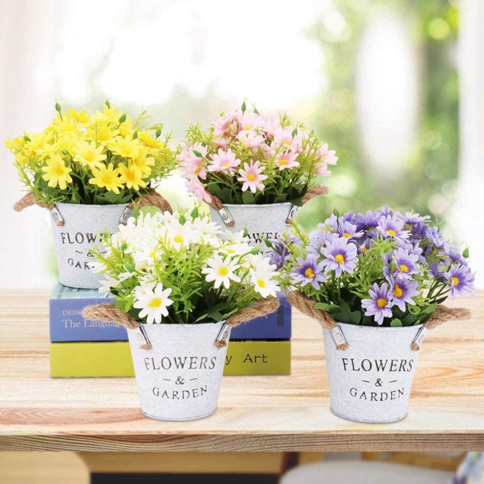 Artificial Daisy Flowers in Metal Pot Fake Pink Daisies Potted Plant Home Decor