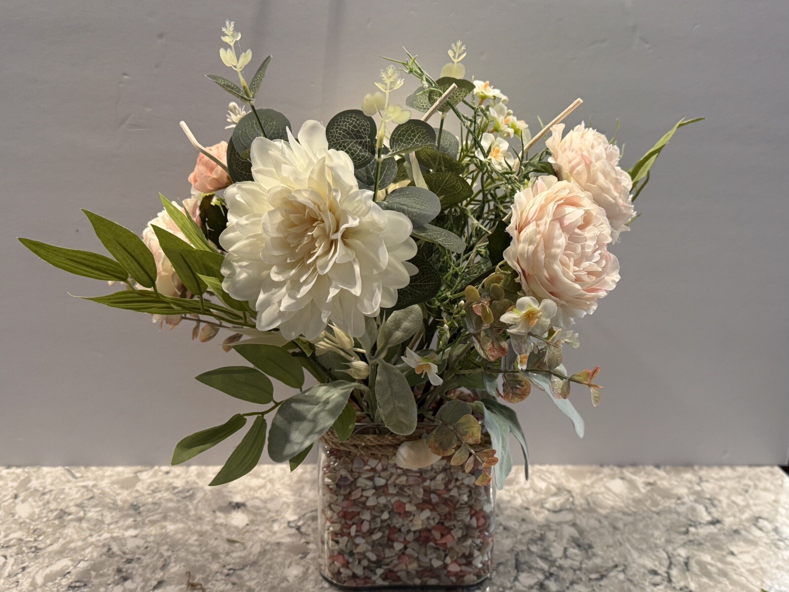 Spring Silk Floral Arrangement Clear Glass Vase Shell Chips Beach Decor