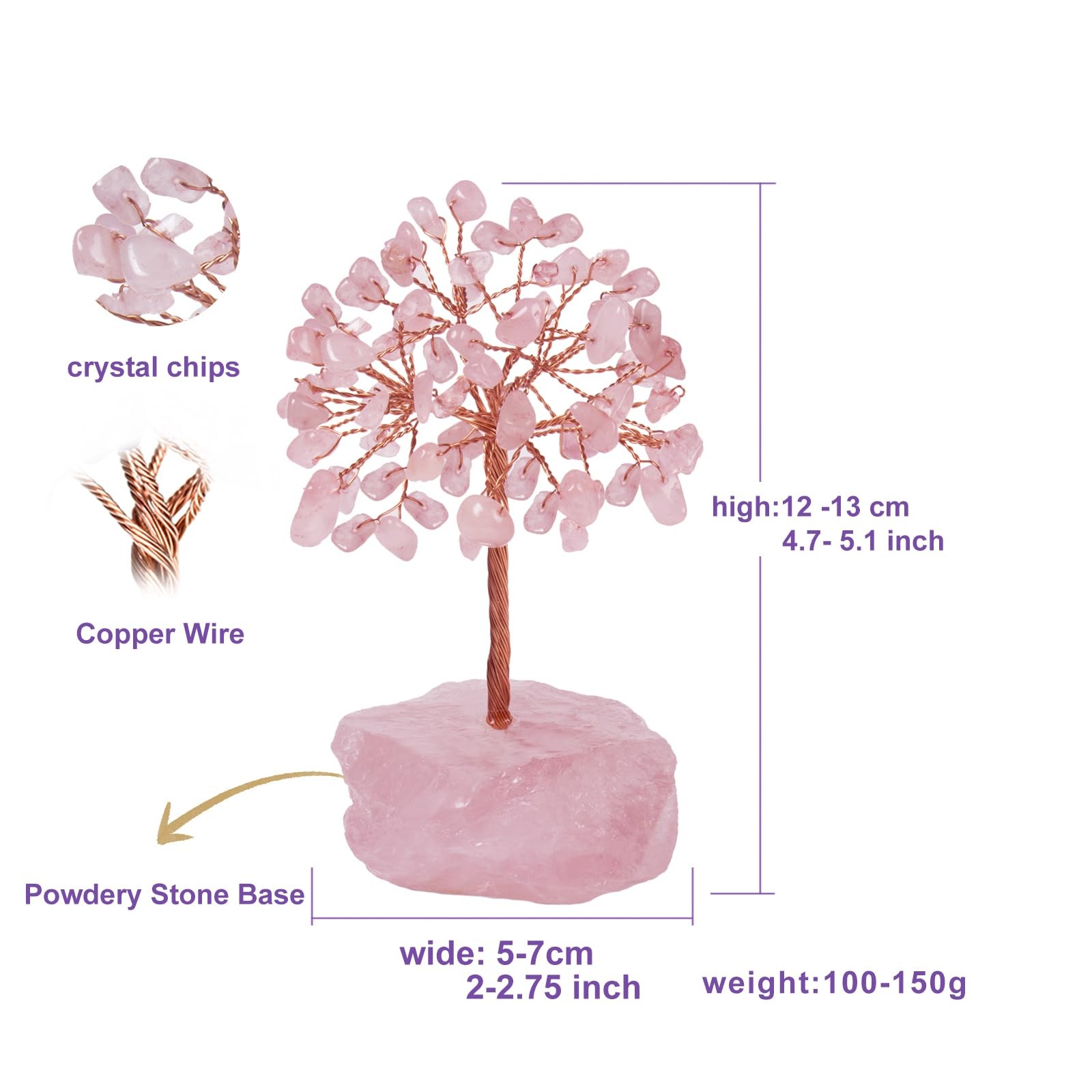 Rose Quartz Healing Crystal Tree，Natural Reiki Life Stone Base Copper Wire Tr…