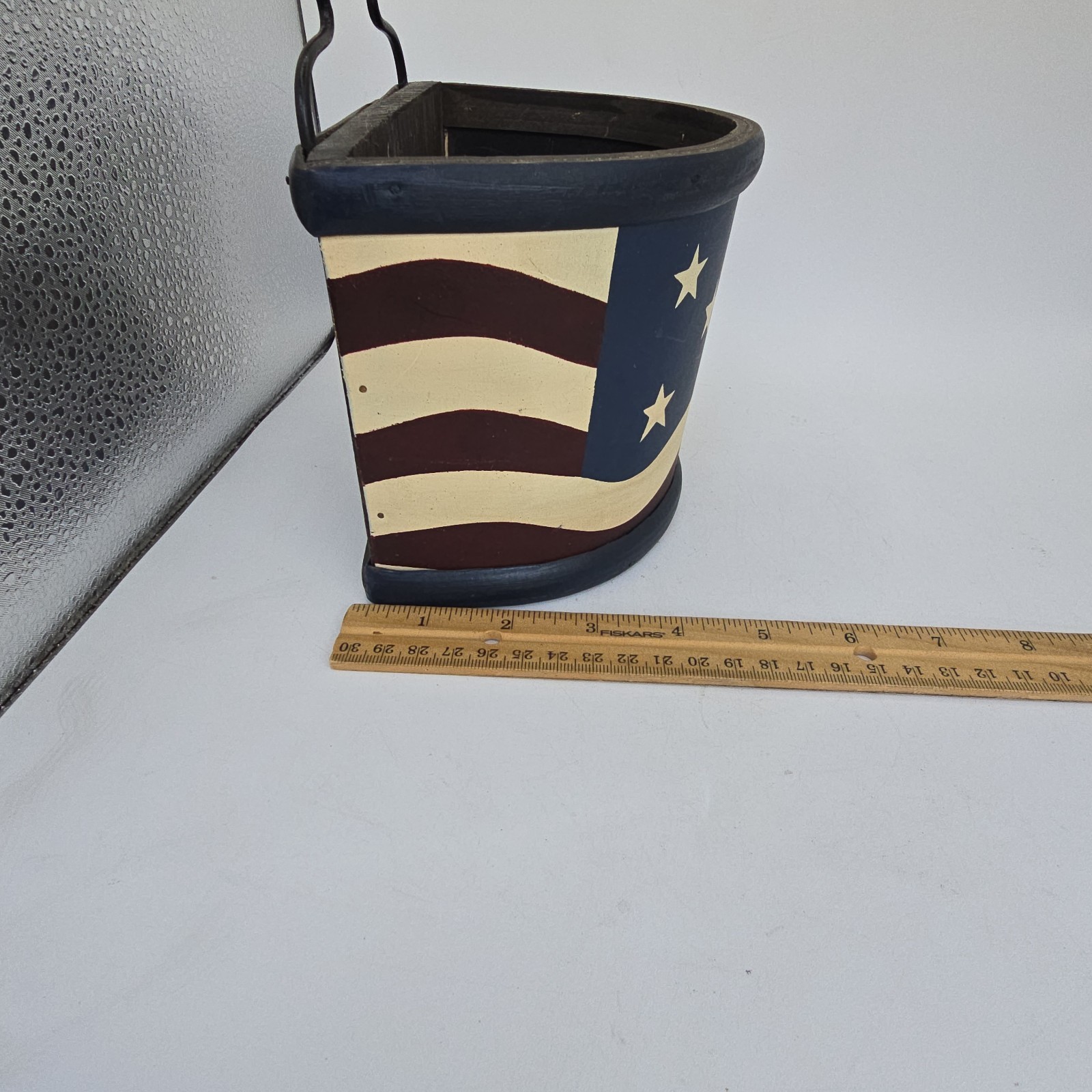 Primitive Patriotic Hanging Wood Metal American Flag Box Planter Basket Shelf