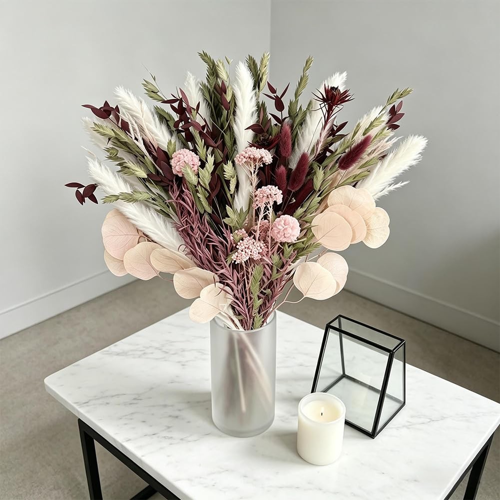Blush Pink & Burgundy Dried Flower Bouquet, Cream Pampas Grass with Sage Gree…