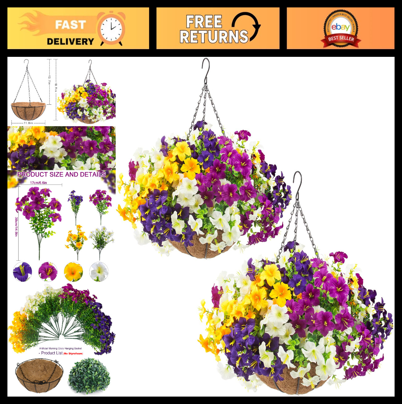 2 Set UV Resistant Faux Petunias with Hanging Baskets – Outdoor Flower Decor, 24
