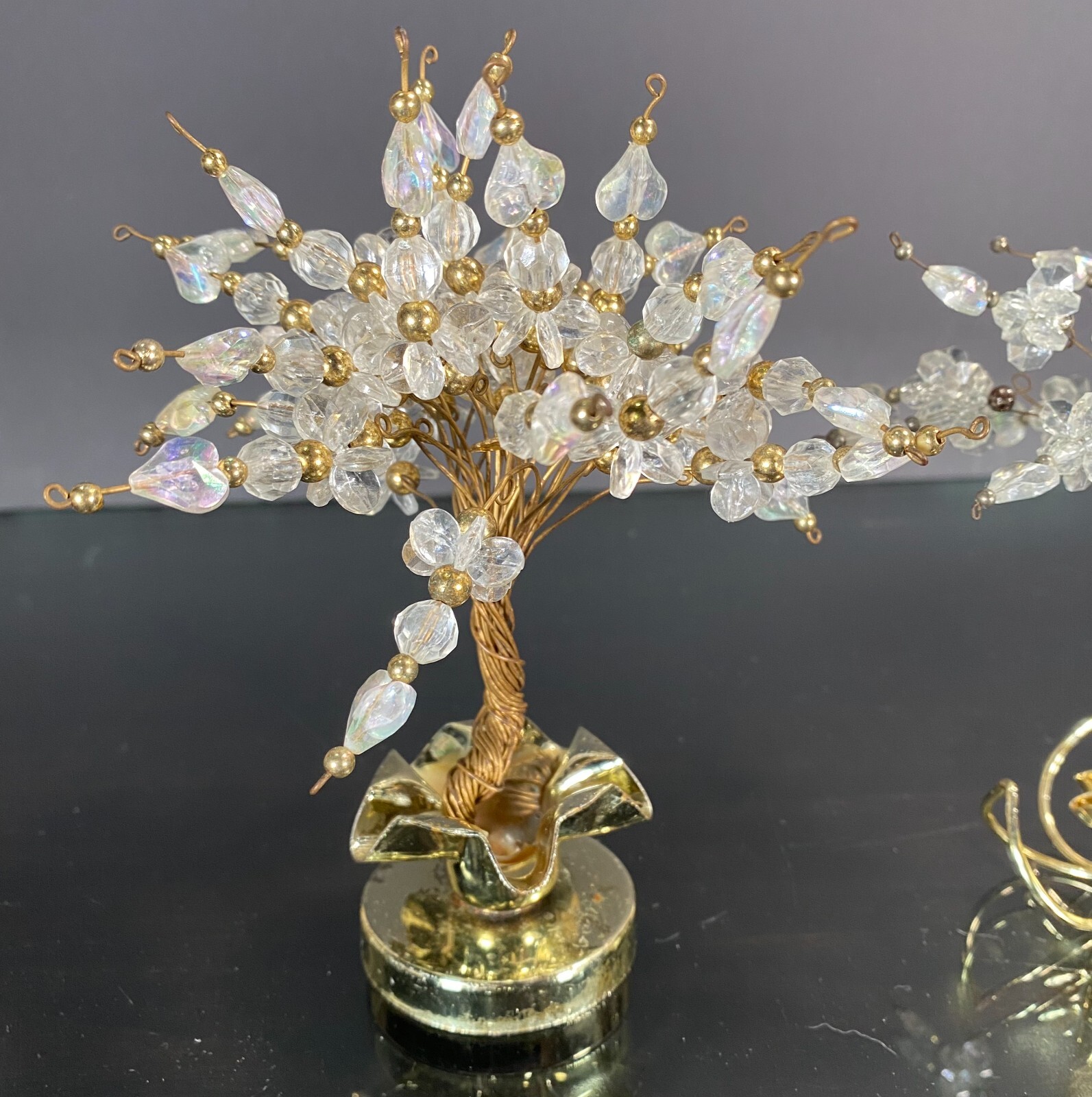 Vintage Twisted Wire Acrylic Beads Hearts Bonsai Money Luck Trees in Brass Pots