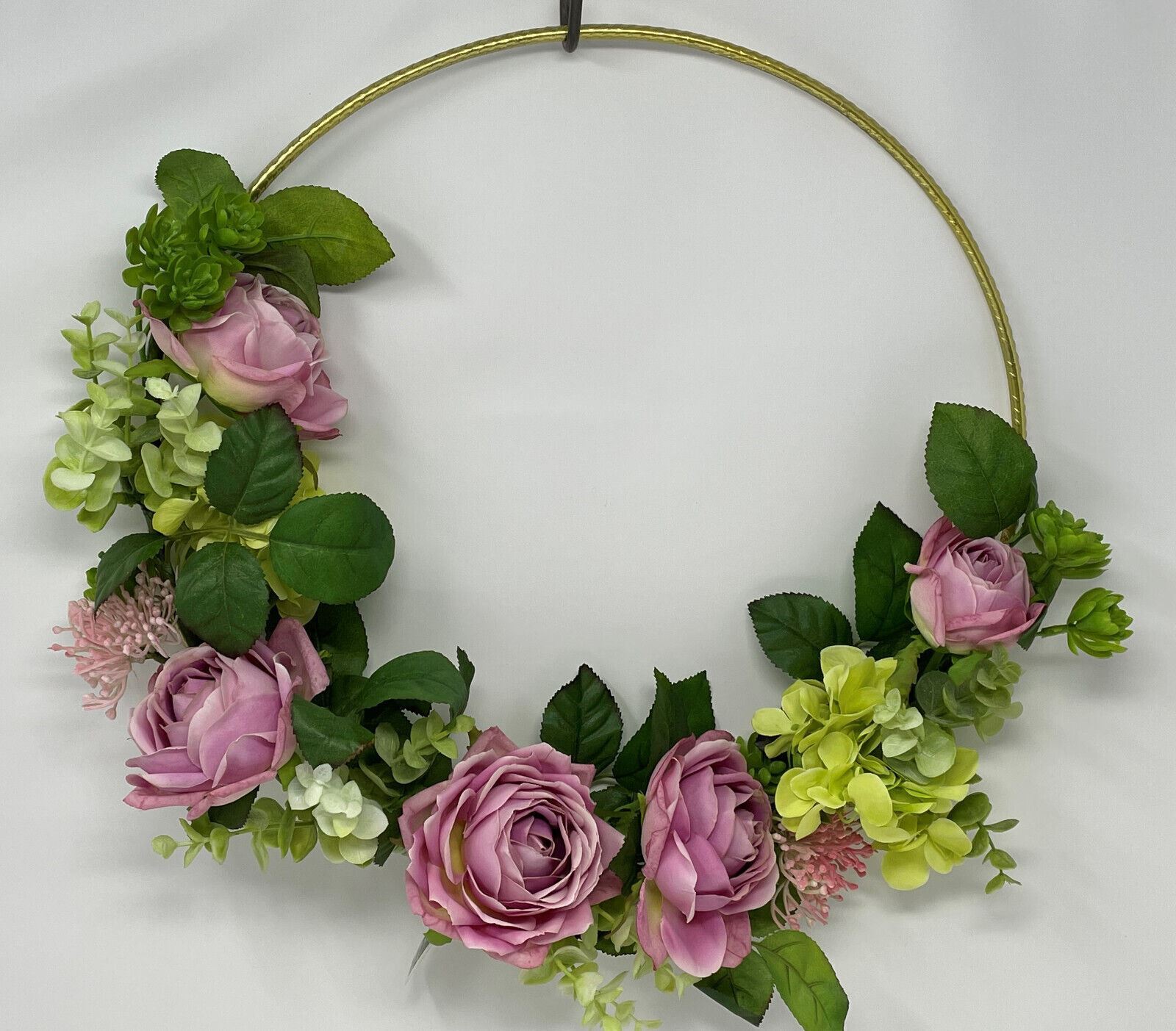 Artificial 15” Lavender-Pink ROSE & Hydrangea Gold Ring WREATH, Home Decor