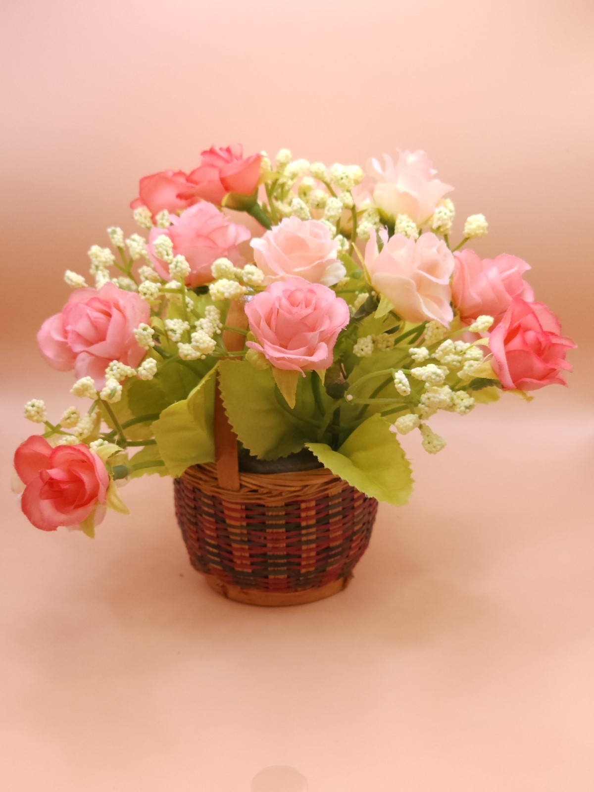 Romantic Pink Rose & Baby’s Breath Faux Floral Arrangement in Woven Basket