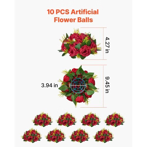 Flower Balls Arrangement Bouquet 10 PCS, 9.5-Inch Wedding Red Roses Centerpieces