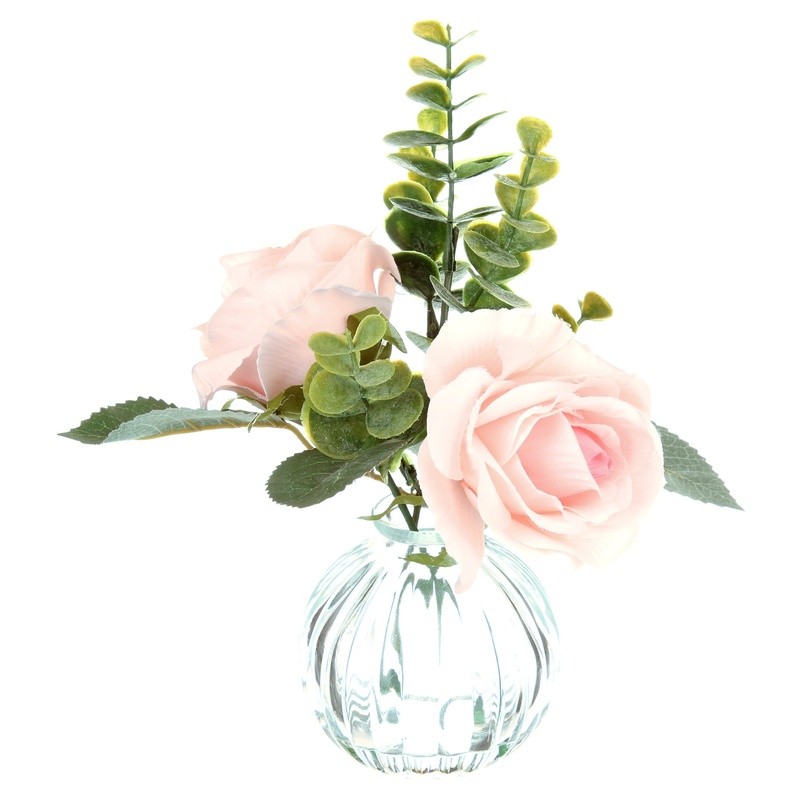 Tabletop Faux Rose Floral Arrangement in Clear Glass Vase W/ Faux Water New