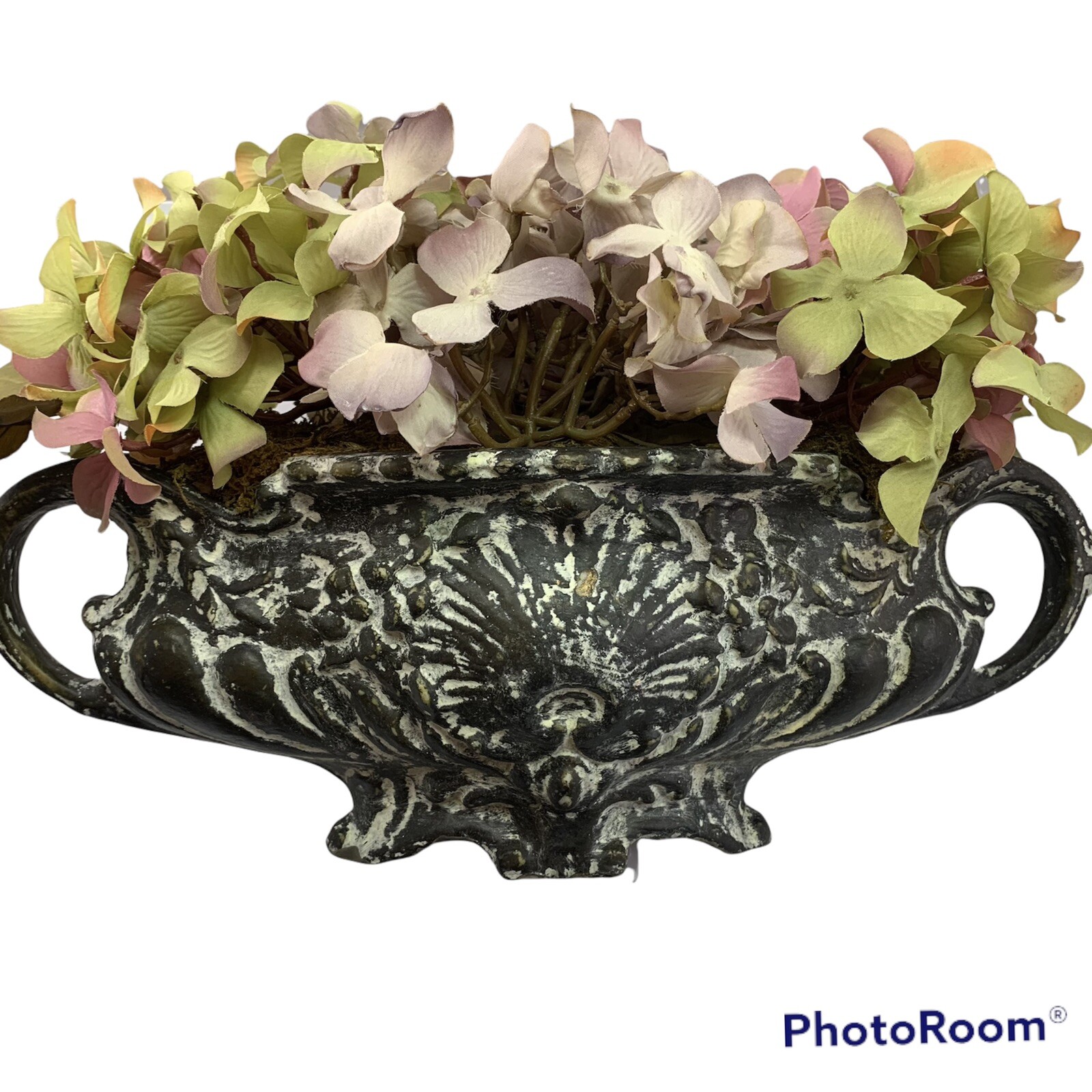 Faux Hydrangas Distressed Italianate Resin Urn 16x9x8”