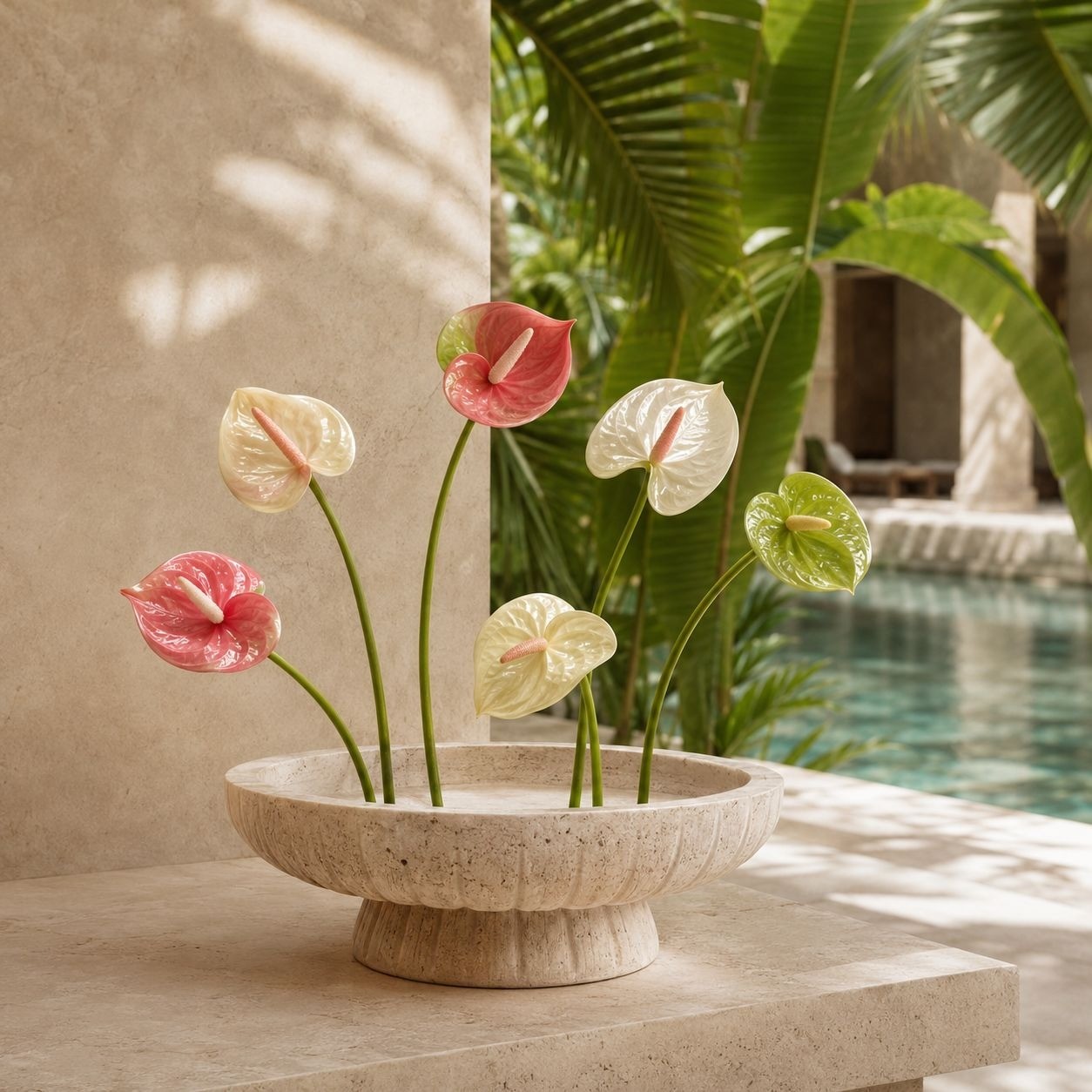 Pink Cream Green Artificial Anthurium Stems Set of 6, 11 Inch Faux Tropical Flow