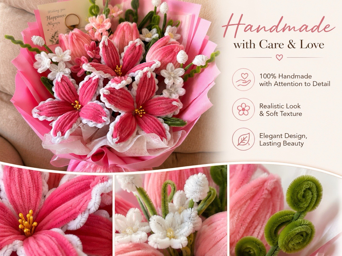 Handmade Artificial Lily Bouquet Pink White Green Large 17.5in