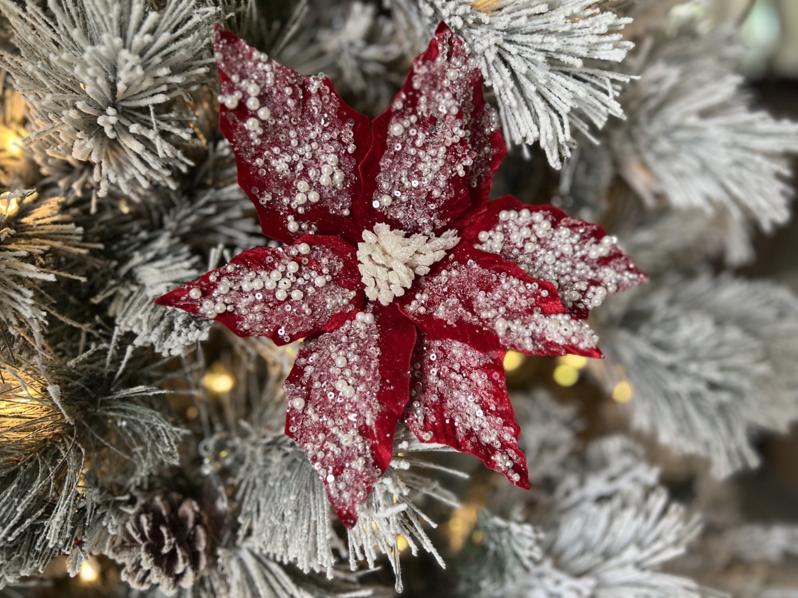 Red Poinsettia with Pearls Pick Stem Christmas Tree Trimming Craft Supplies
