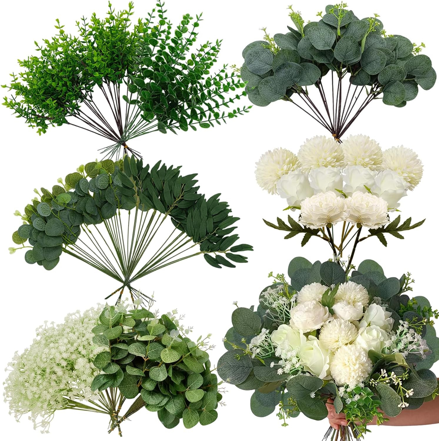 150 Pcs Faux Greenery Stems with Flowers for Wedding & Home Decor