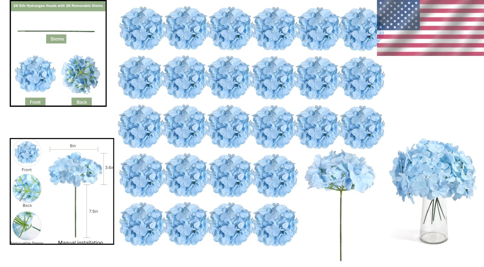 Blue Silk Hydrangea Flower Heads & Stems – 26 Piece Value Pack for Any Occasion