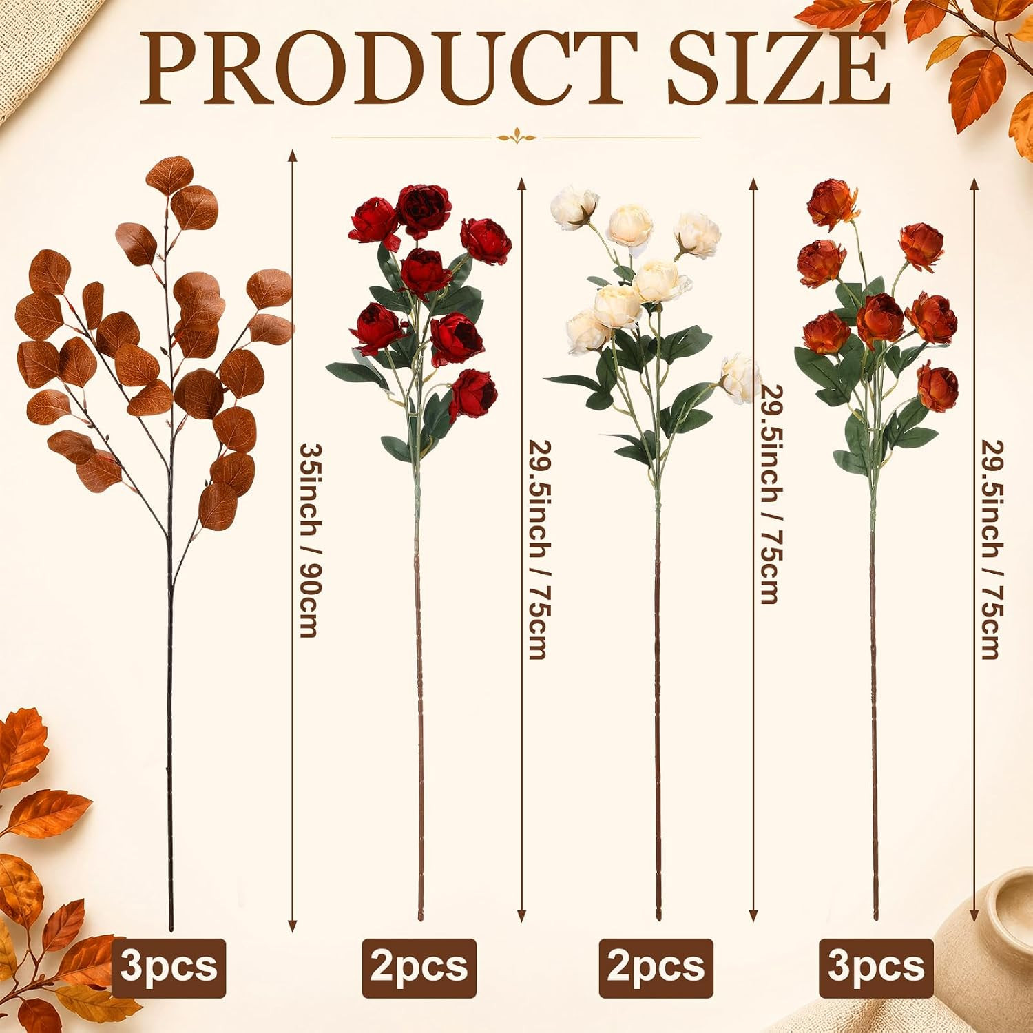 30” Burnt Orange Faux Peonies – 10 Pcs Fall Floral Arrangement for Decor