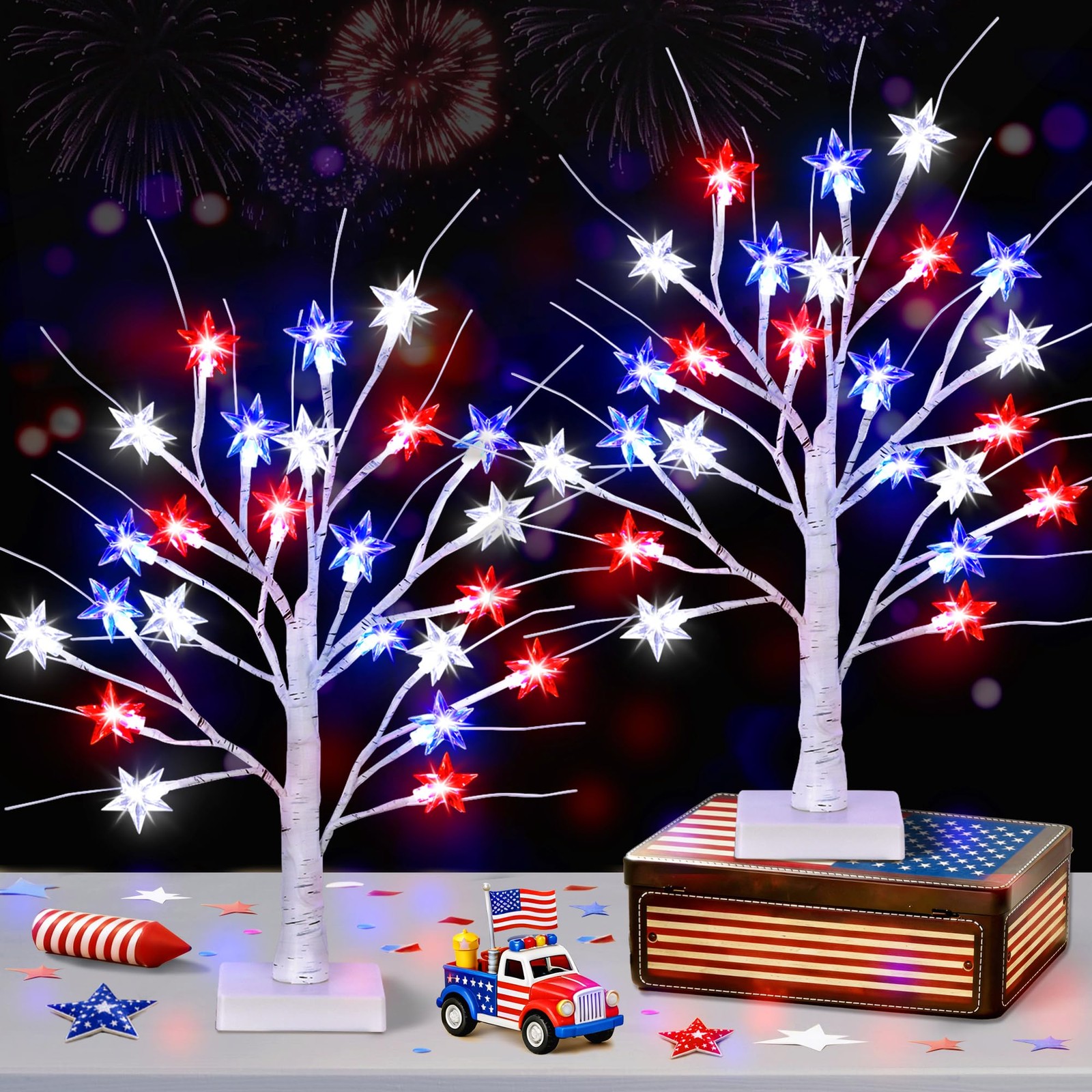 2 Pack 18″ 4th of July Patriotic Tree Lights with 24 LED Red White Blue Star …